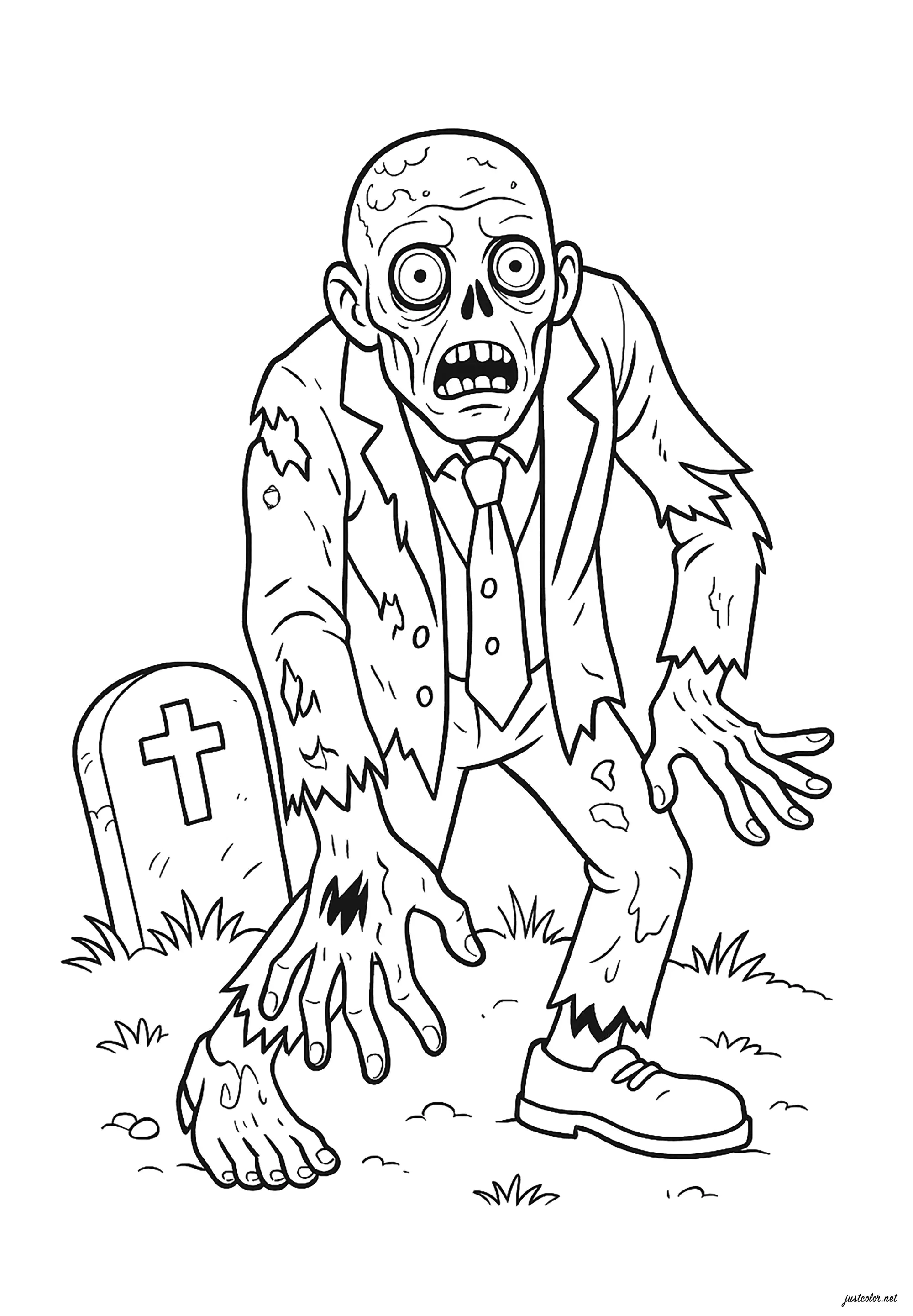 Zombie verlässt den Friedhof (Ausmalbild zum Ausdrucken und Ausmalen für Kinder)