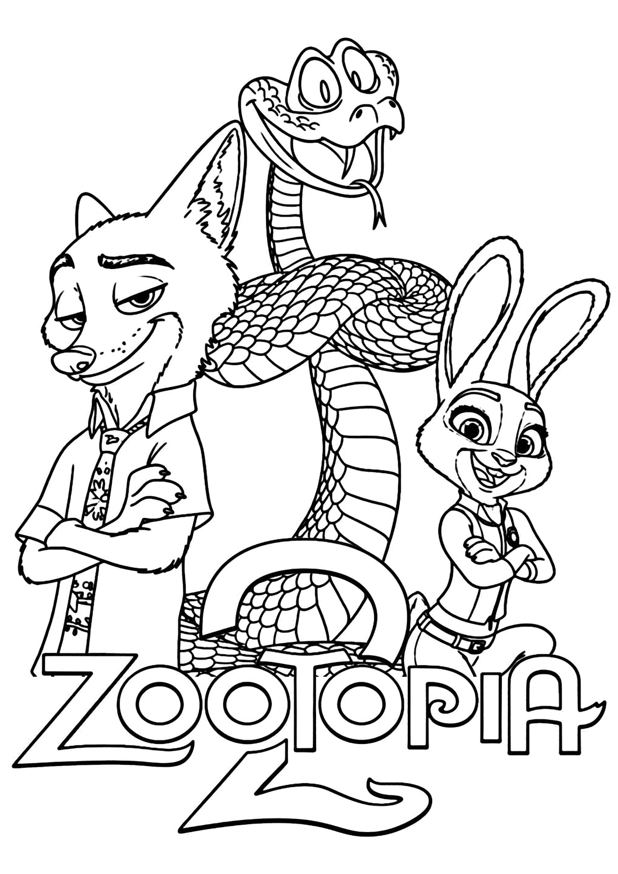 Nick und Judy gegen Gary die schlaue Schlange (Ausmalbild von Zootopia 2 zum Ausdrucken und Ausmalen für Kinder)
