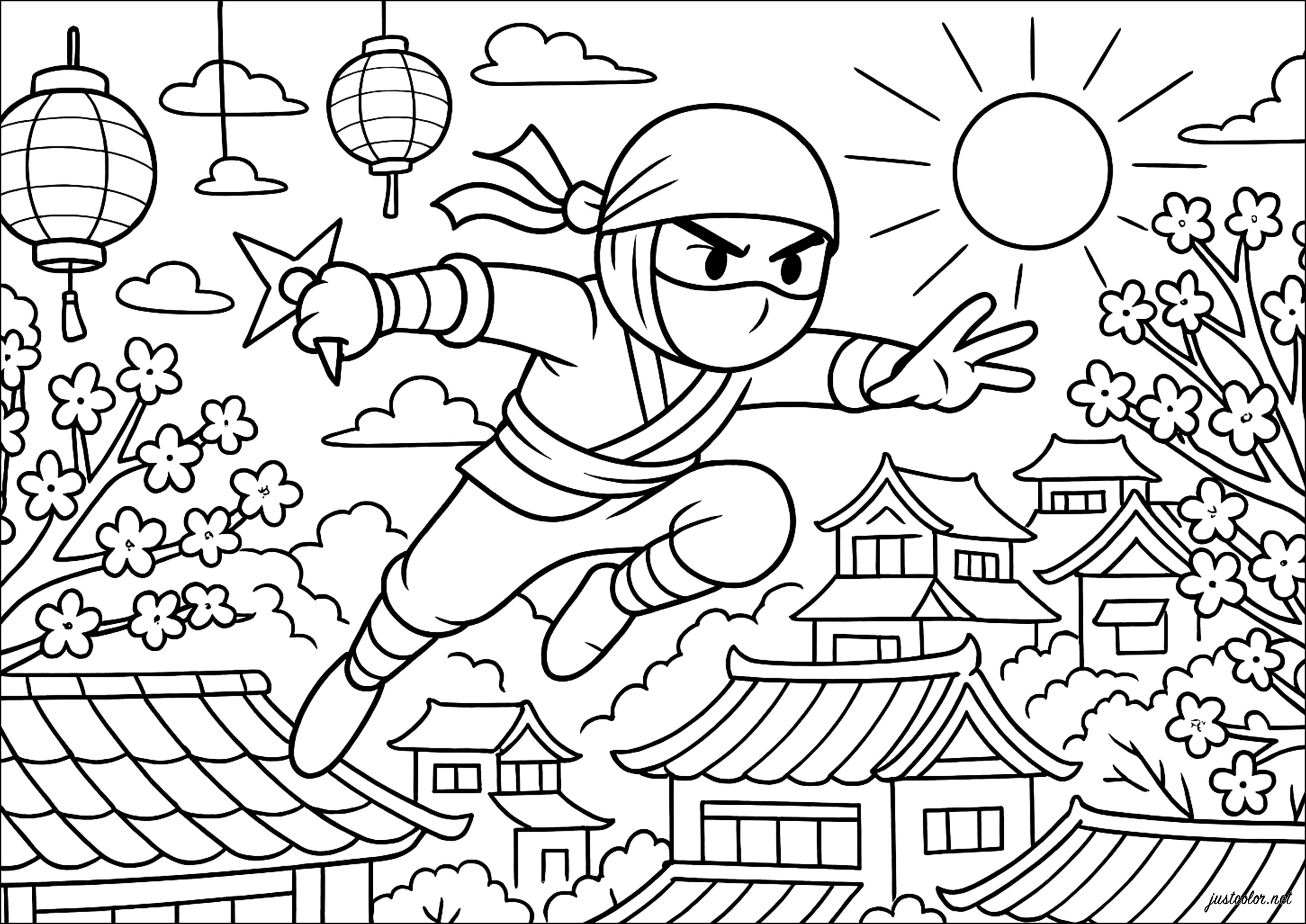 Página para colorear de Just Color: un ninja en acción