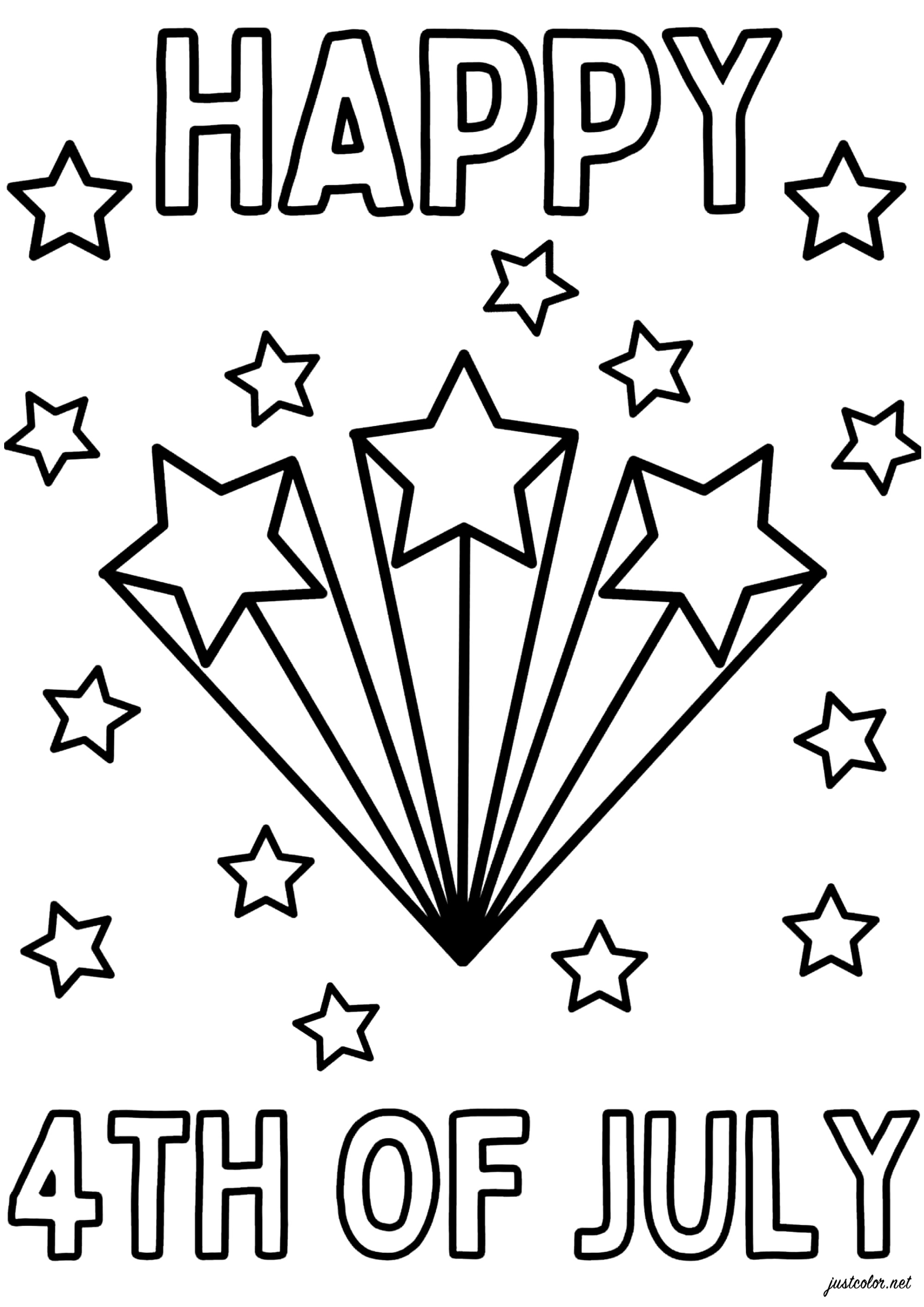 Celebración del Día Nacional de América con estrellas brillantes (Página de 4 de julio para imprimir para niños)