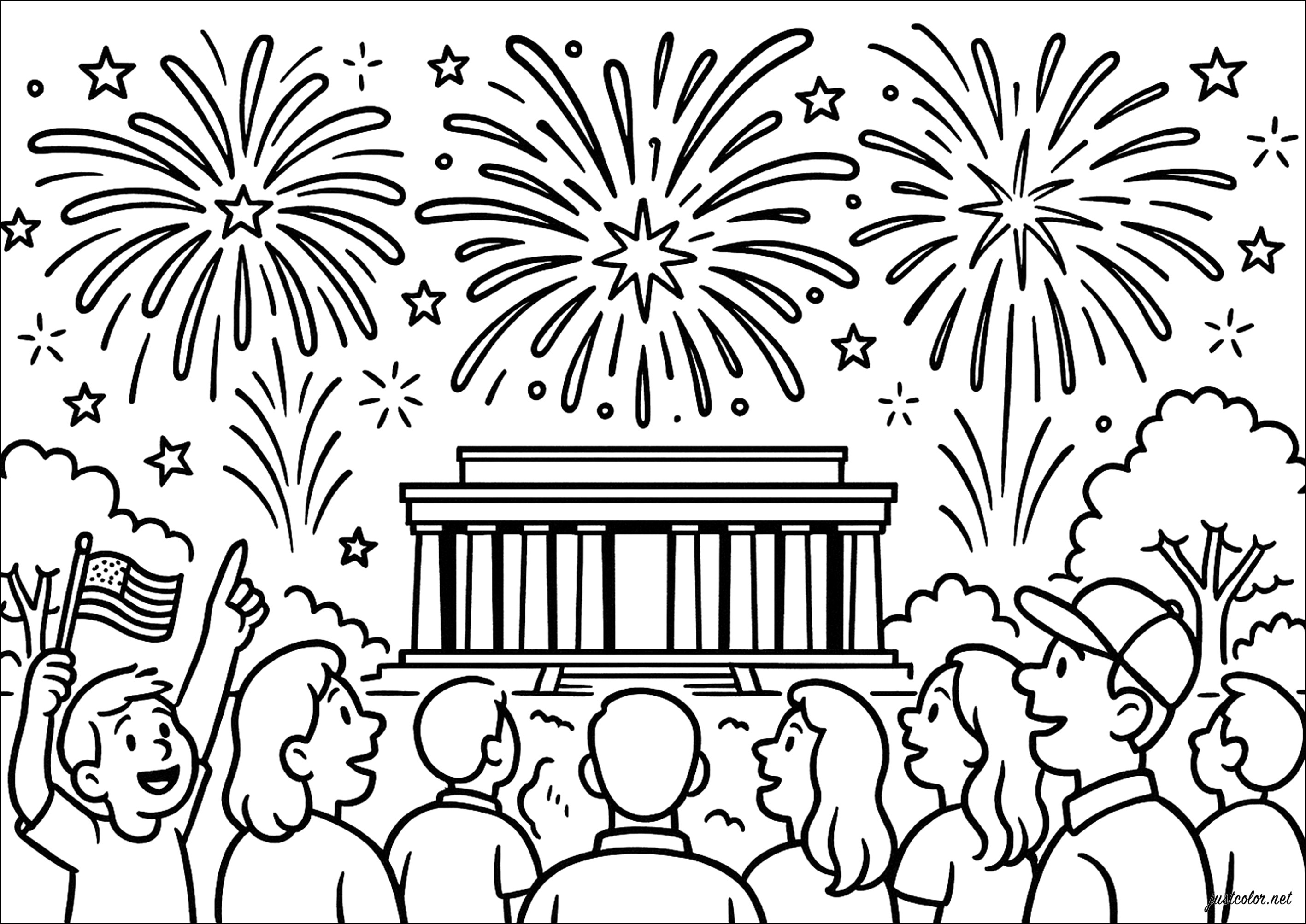 Celebración bajo las brillantes luces de Washington D.C. (Página de 4 de julio para imprimir para niños)