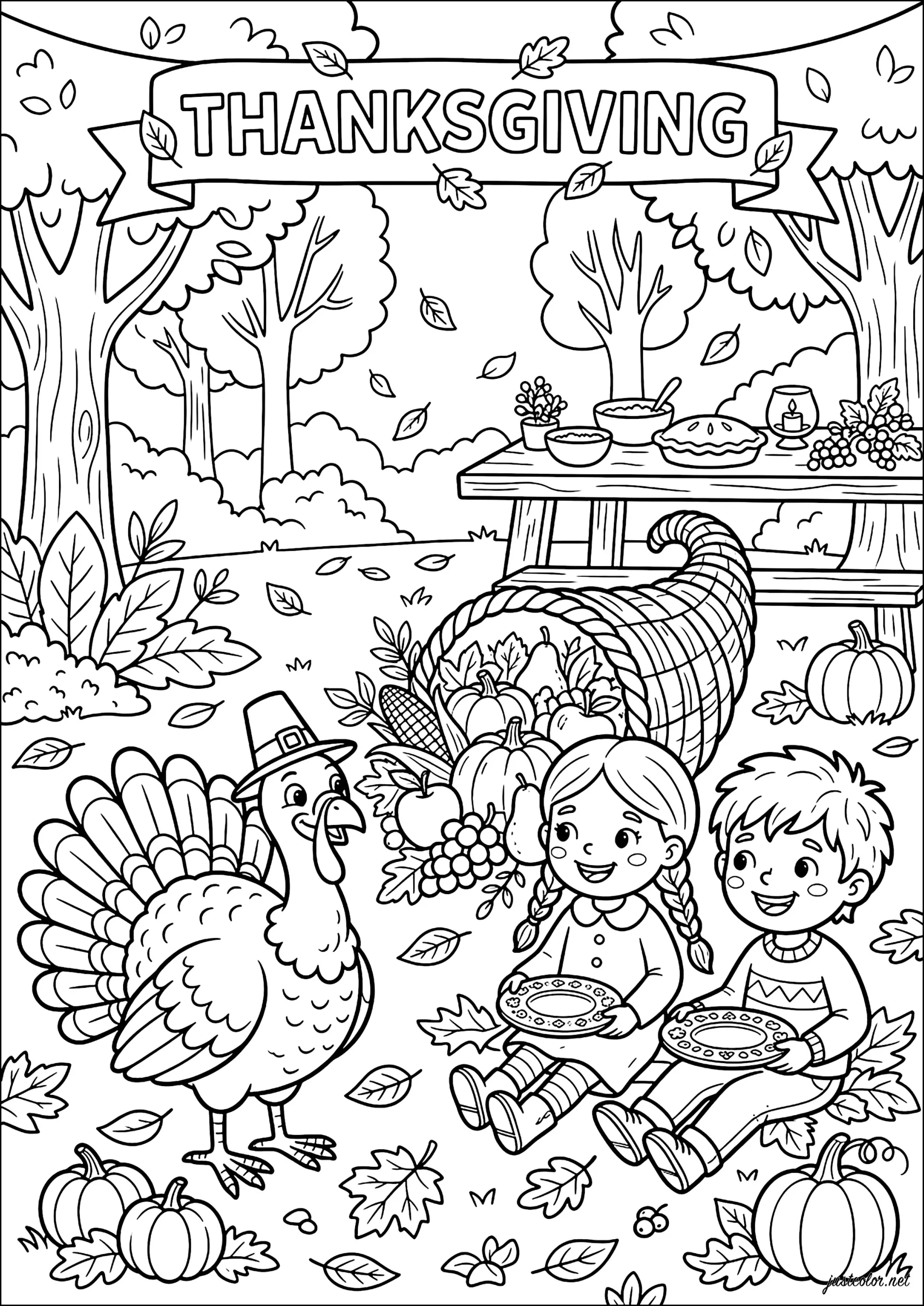 Familia feliz y pavo para Acción de gracias (Página de Acción de gracias (Thanksgiving) para imprimir para niños)