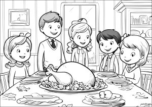 Familia alrededor de un festín (Página de Acción de gracias (Thanksgiving)  para imprimir)