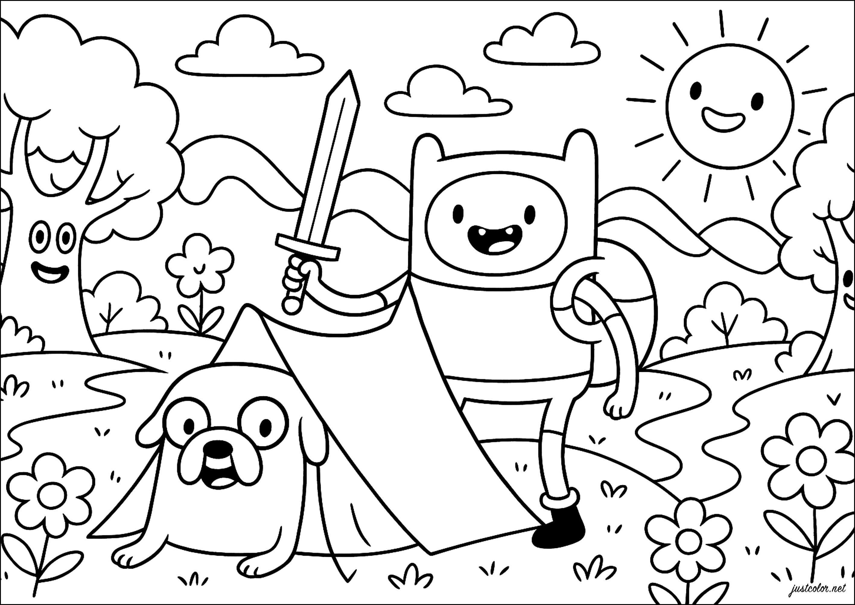 Aventura alegre en plena naturaleza (Página de Adventure Time para imprimir para niños)