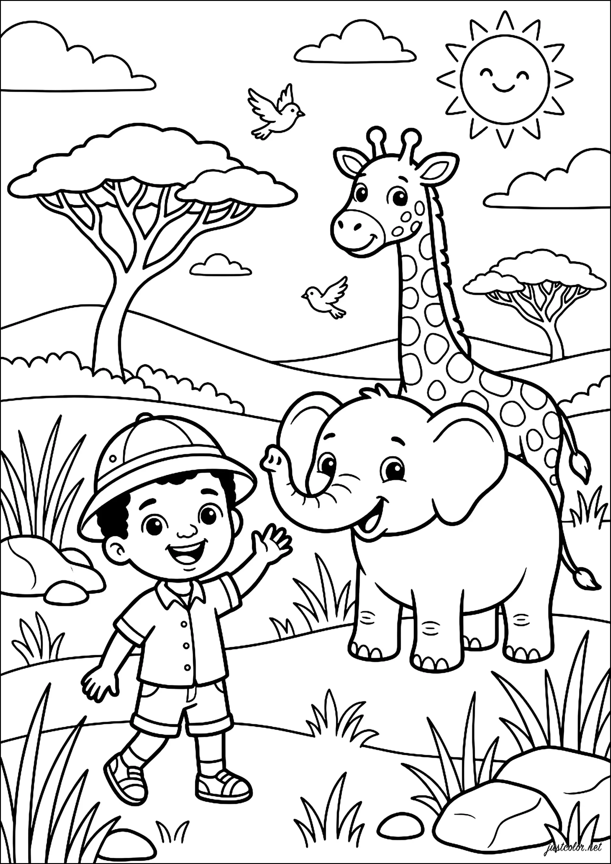 Explorador Alegre de la Sabana (Página de África para imprimir para niños)