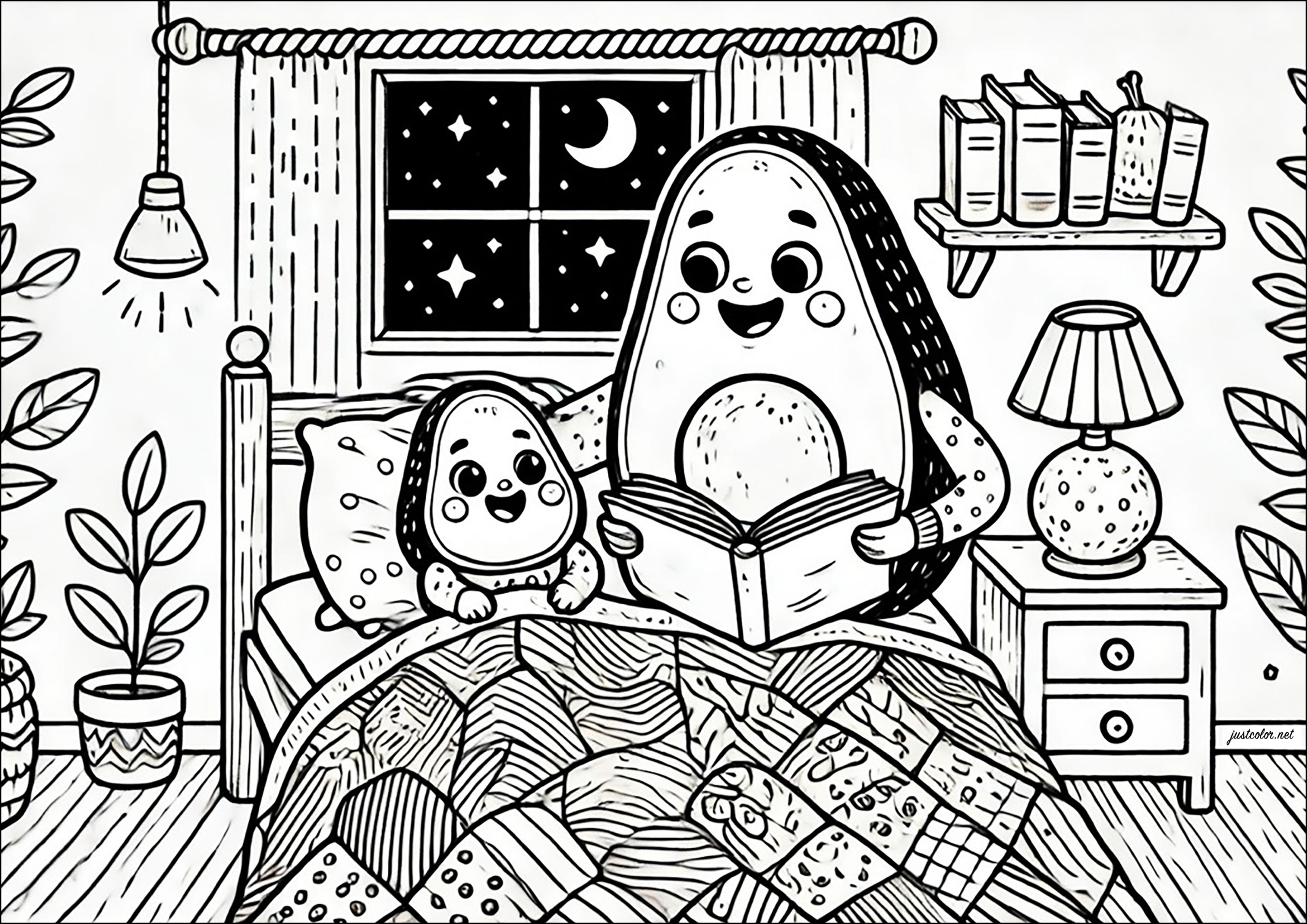 Página de para imprimir : Aguacate leyendo un cuento a su hijo Página de para imprimir para niños : Aguacate leyendo un cuento a su hijo