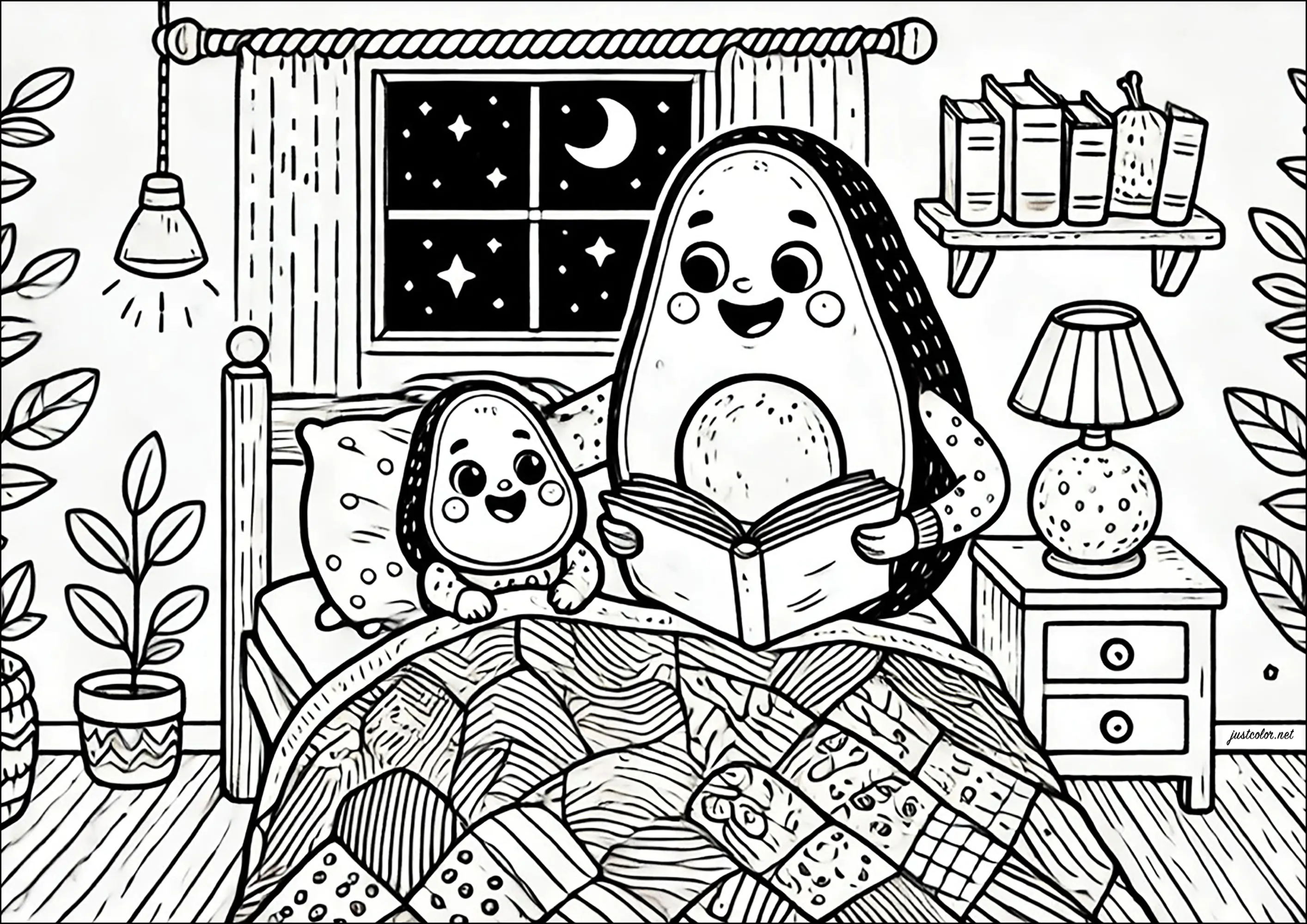 Aguacate leyendo un cuento a su hijo (Página para imprimir para niños)