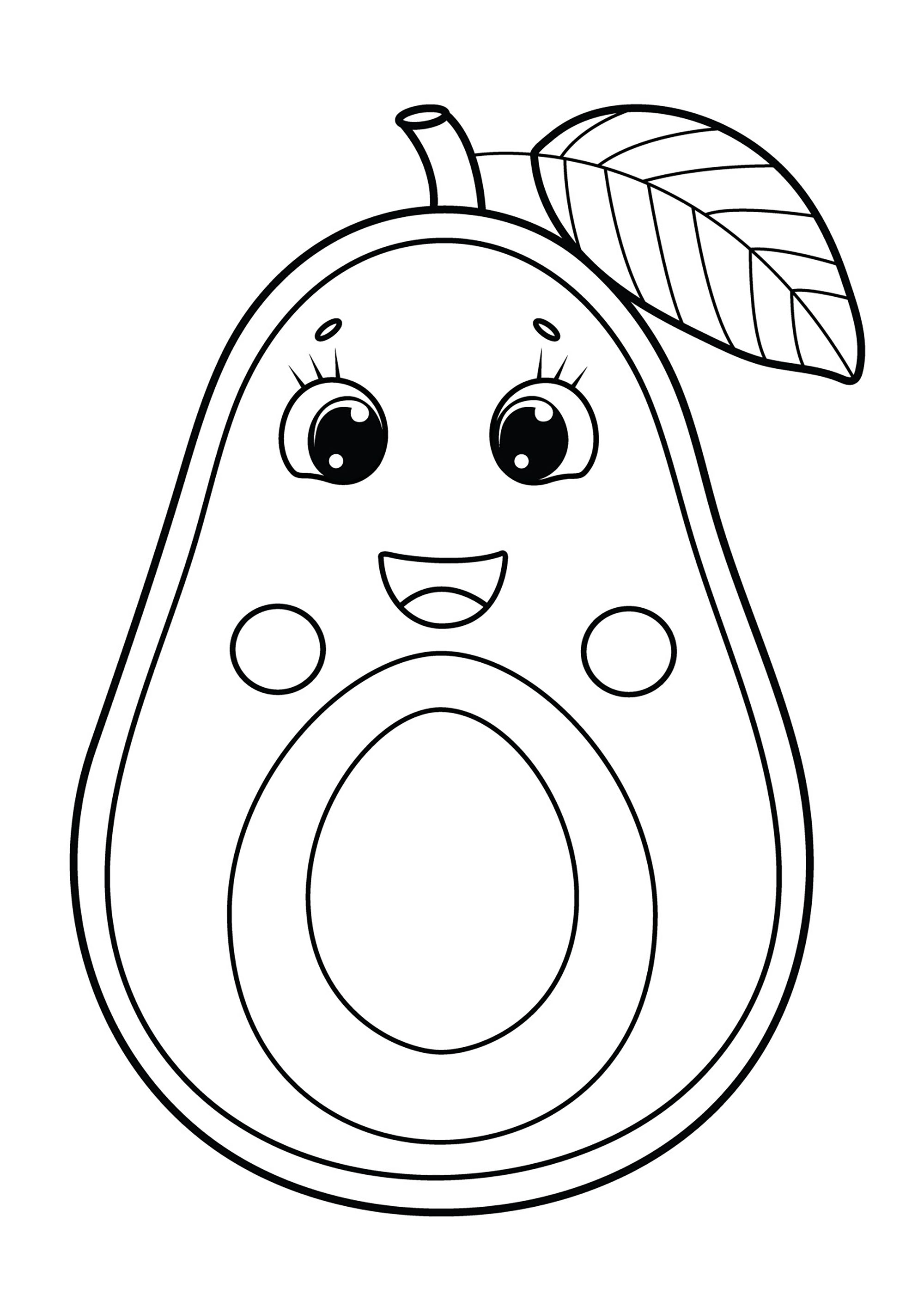Página de para imprimir : Aguacate sonriente, con una pequeña hoja Página de para imprimir para niños : Aguacate sonriente, con una pequeña hoja