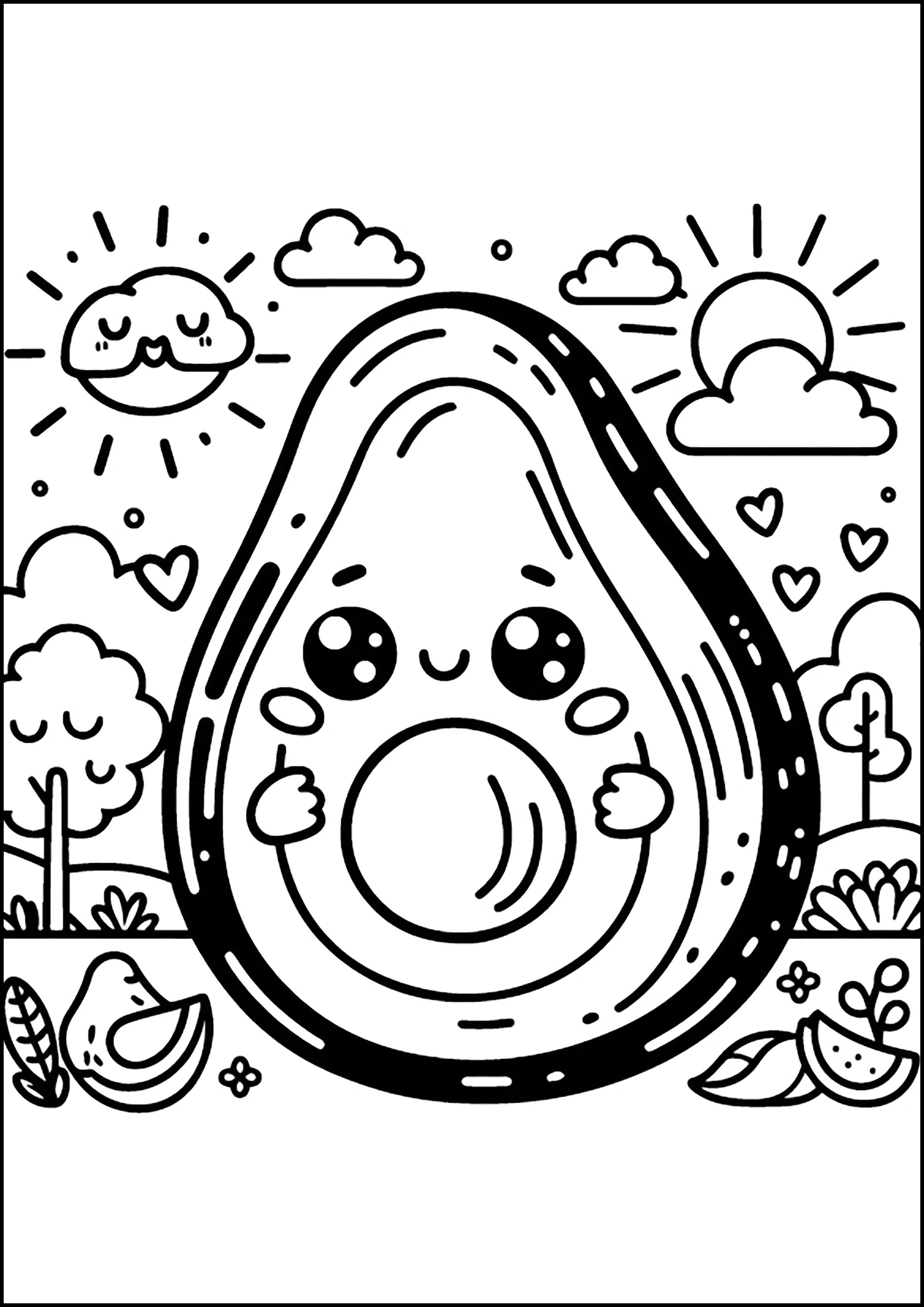 Aguacate en un paisaje sencillo y alegre (Página para imprimir para niños)