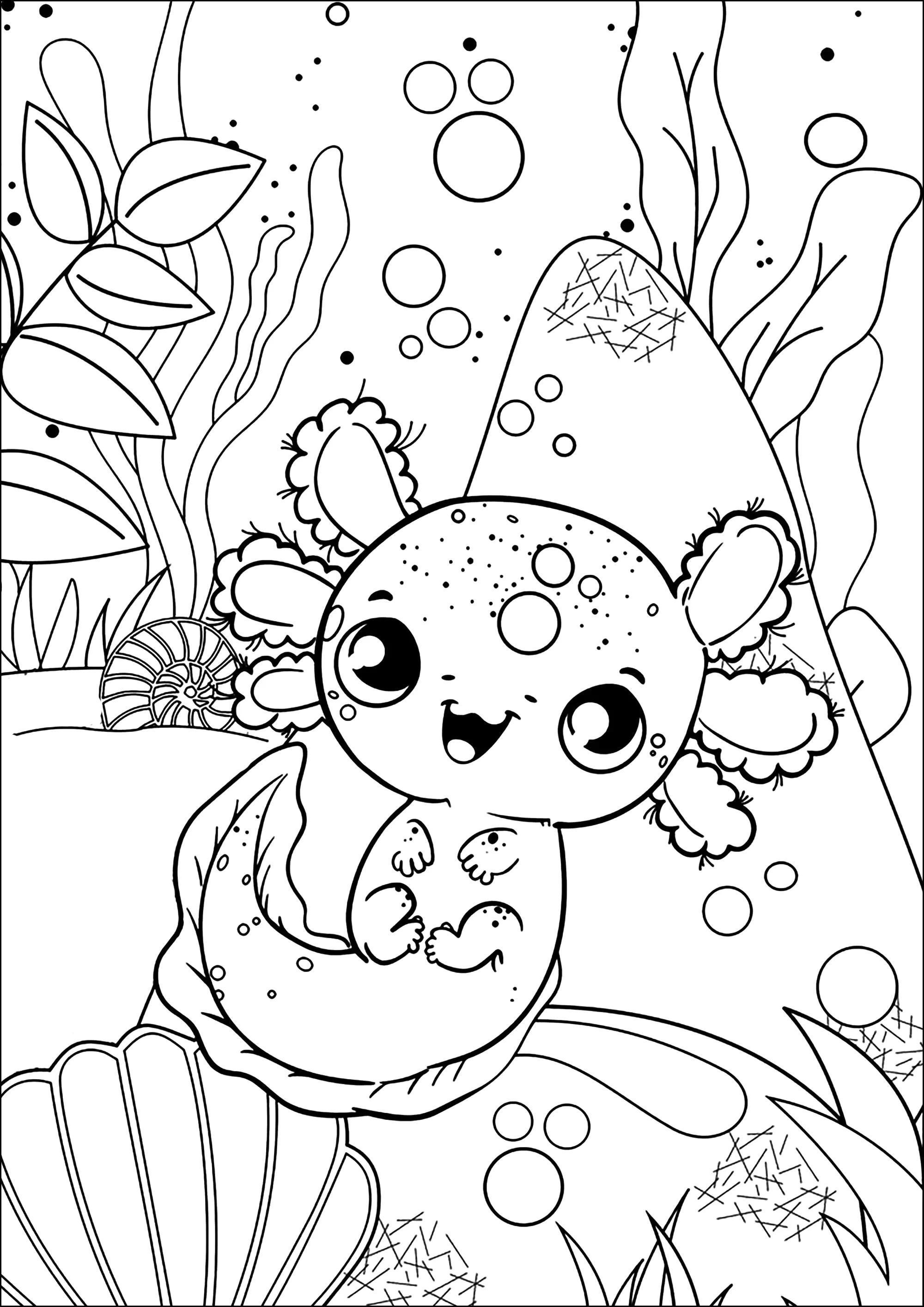 Axoloti sonríe en el agua (Página de Ajolote para imprimir para niños)