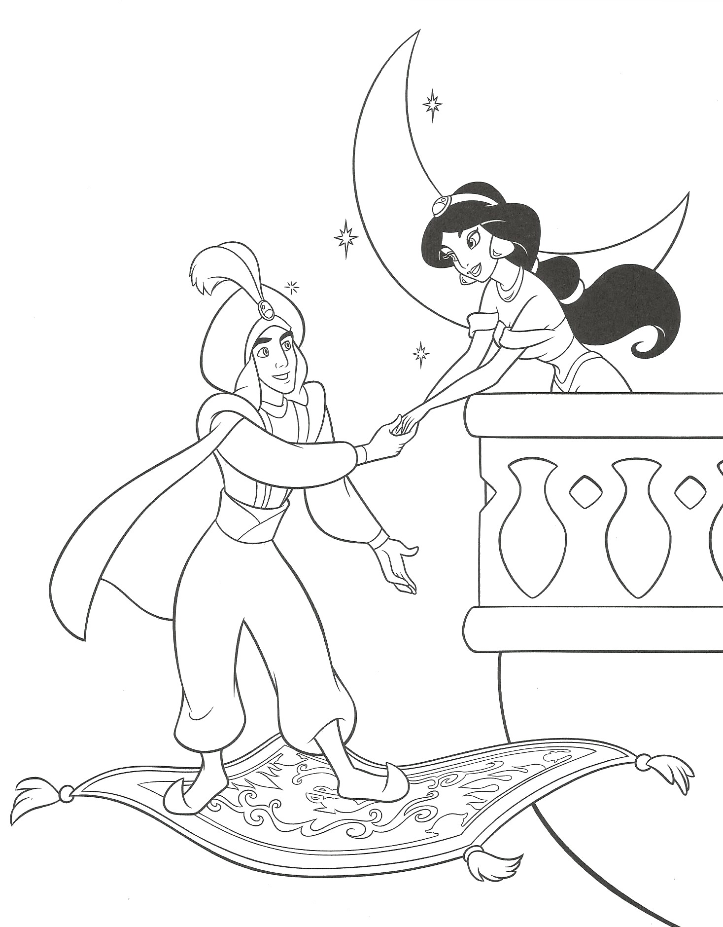 Aladino en su alfombra mágica y Jasmine (Página de Aladdin y Jasmine para imprimir) Aladino en su alfombra mágica y Jasmine (Página de Aladdin y Jasmine para imprimir para niños)