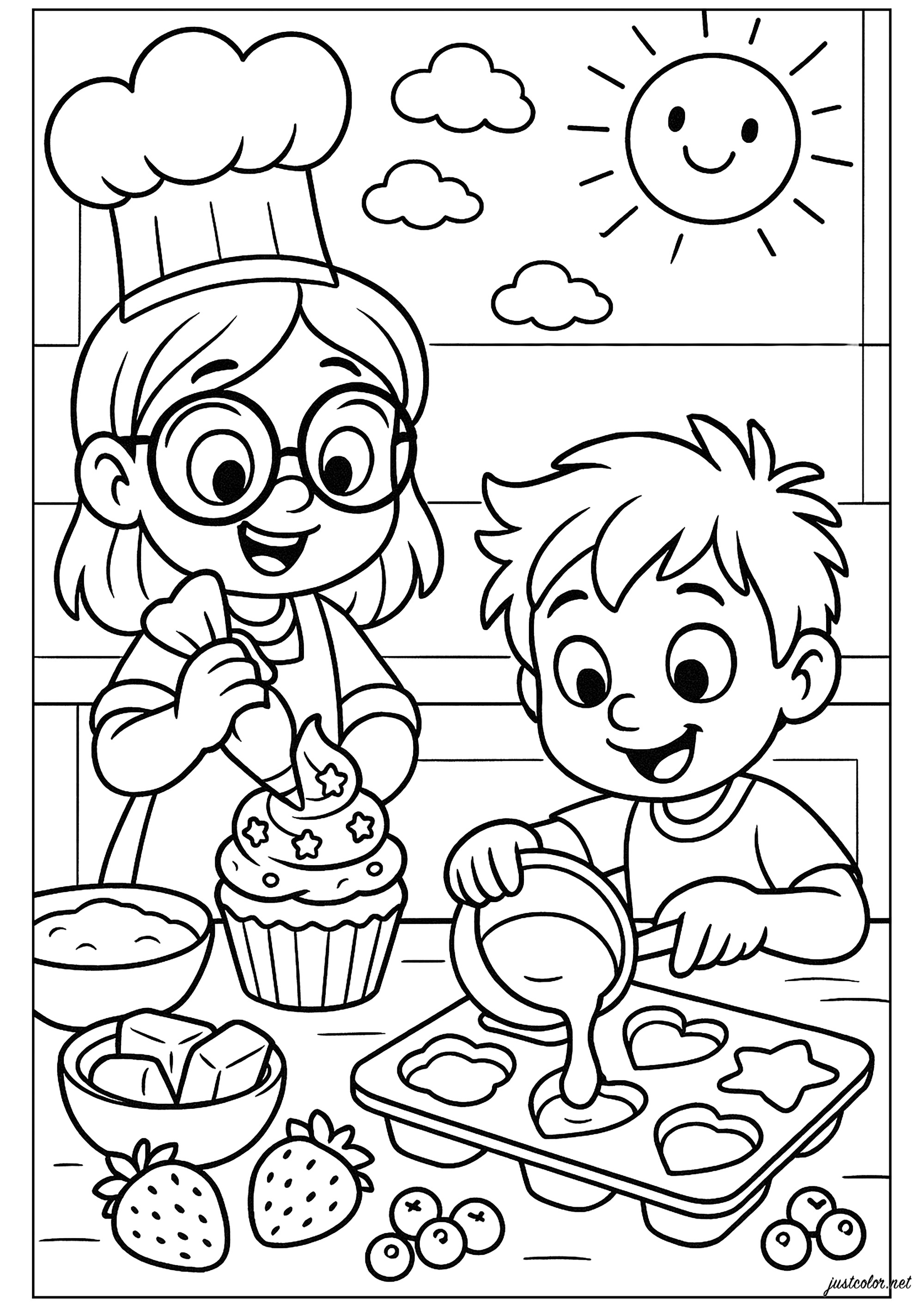 Preparación de cupcakes y de pasteles (Página de Alimento para imprimir para niños)