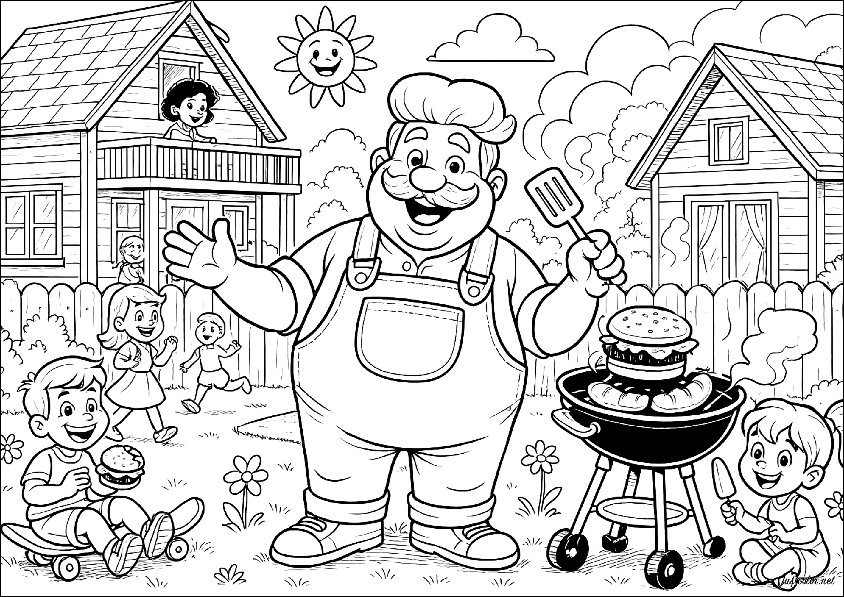 Hamburguesas y un día soleado en la barbacoa (Página de Alimento para imprimir para niños)