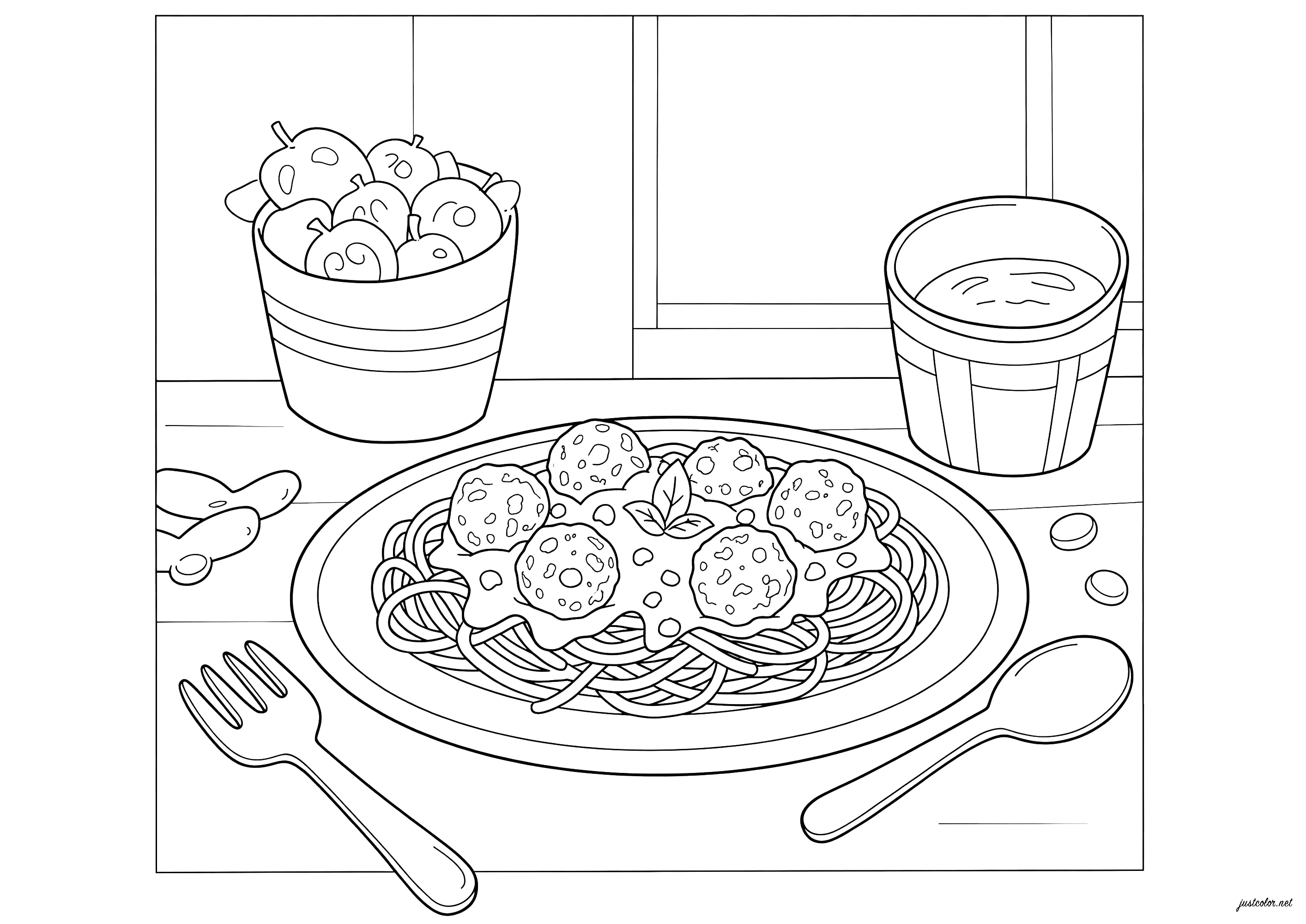 Espaguetis a la boloñesa con albóndigas (Página de Alimento para imprimir para niños)