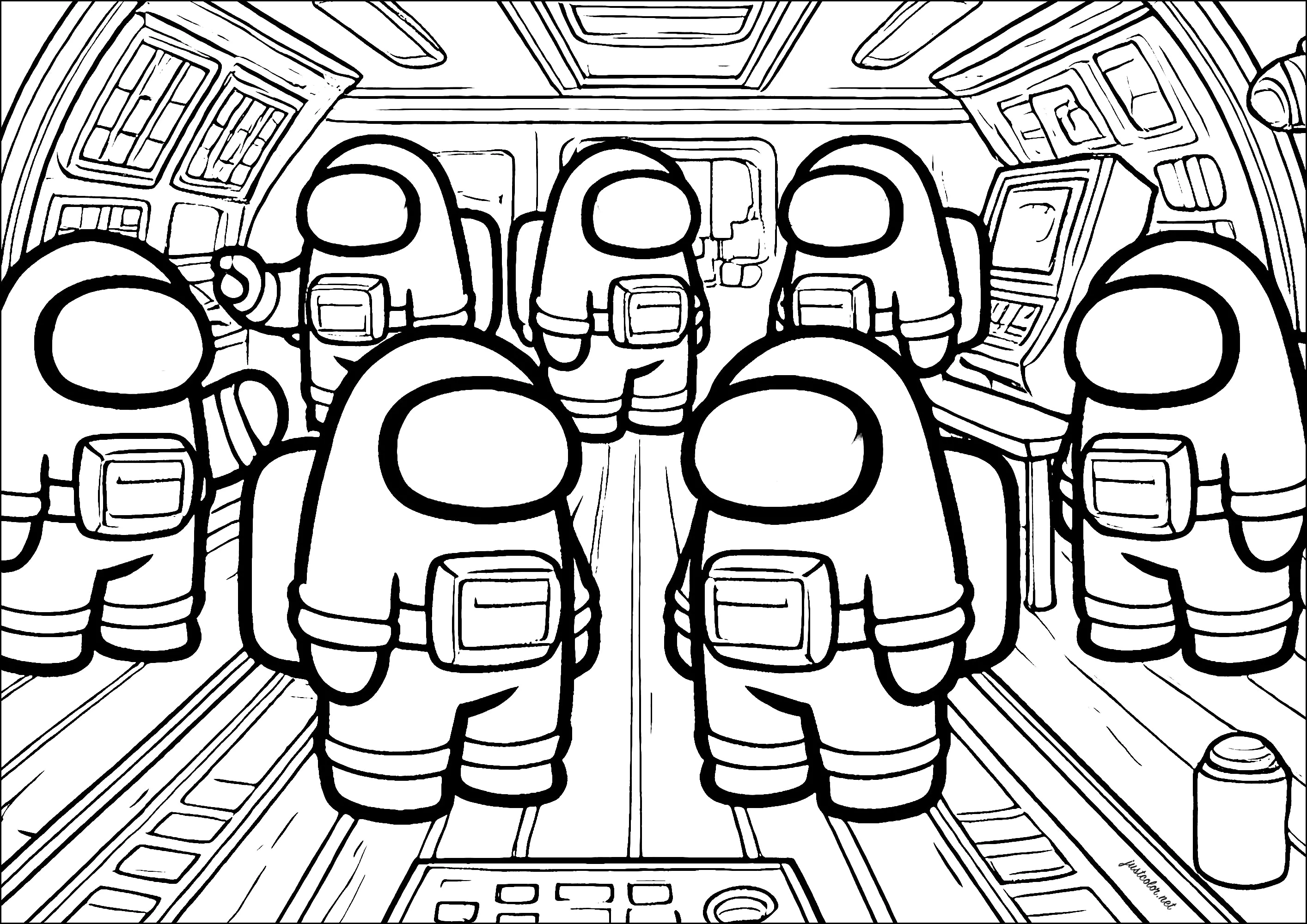 La tripulación con sus trajes espaciales (Página de Among Us para imprimir para niños)