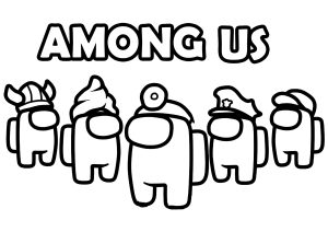 Página de Among Us para imprimir para niños : Cinco personajes entre nosotros con título