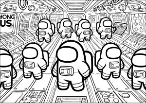 Página de Among Us para imprimir para niños : Personajes en una nave espacial