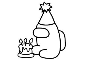 Página de Among Us para imprimir para niños : Una tarta de cumpleaños con tres velas
