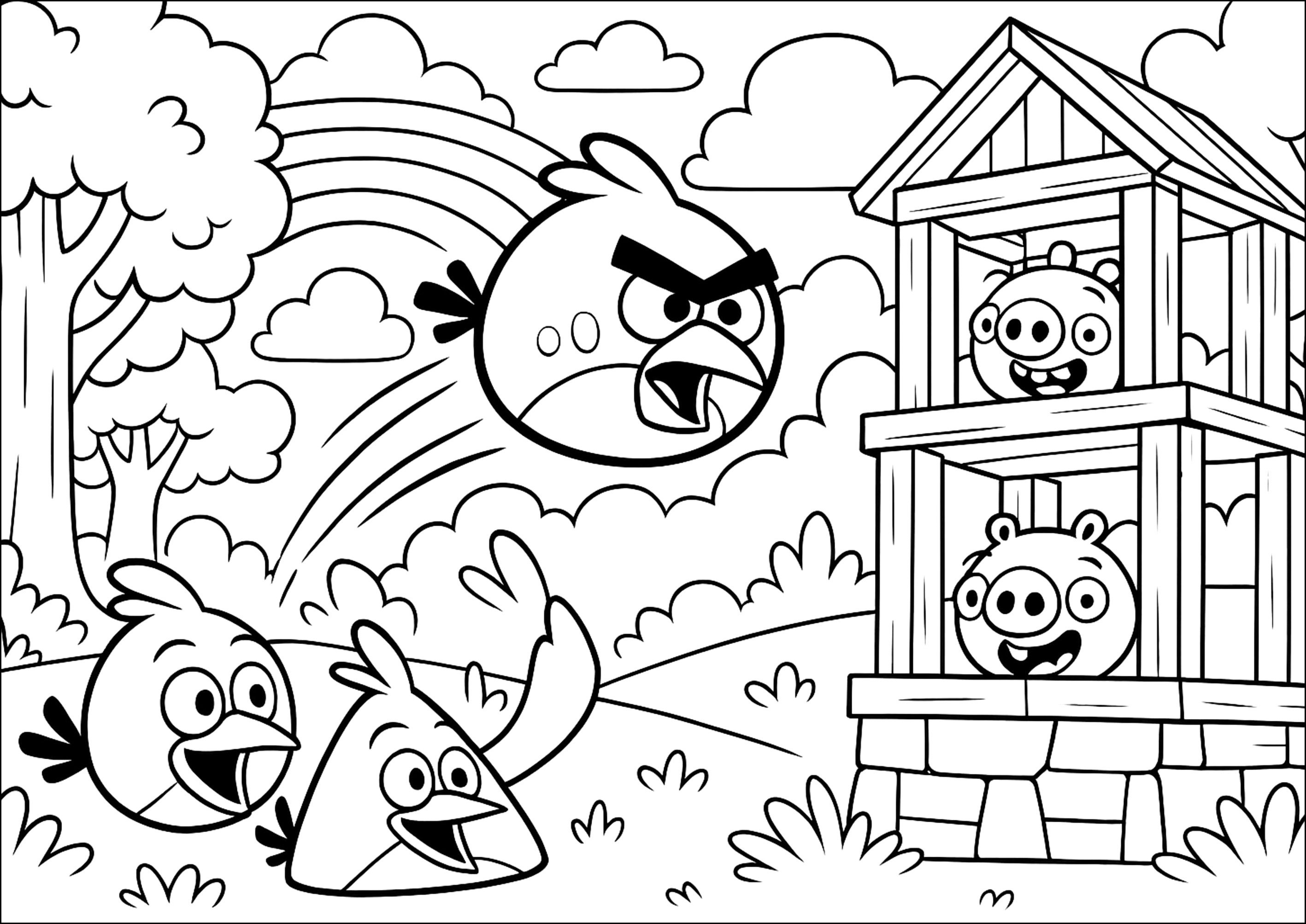 Pájaros contra cerdos (Página de Angry Birds para imprimir para niños)