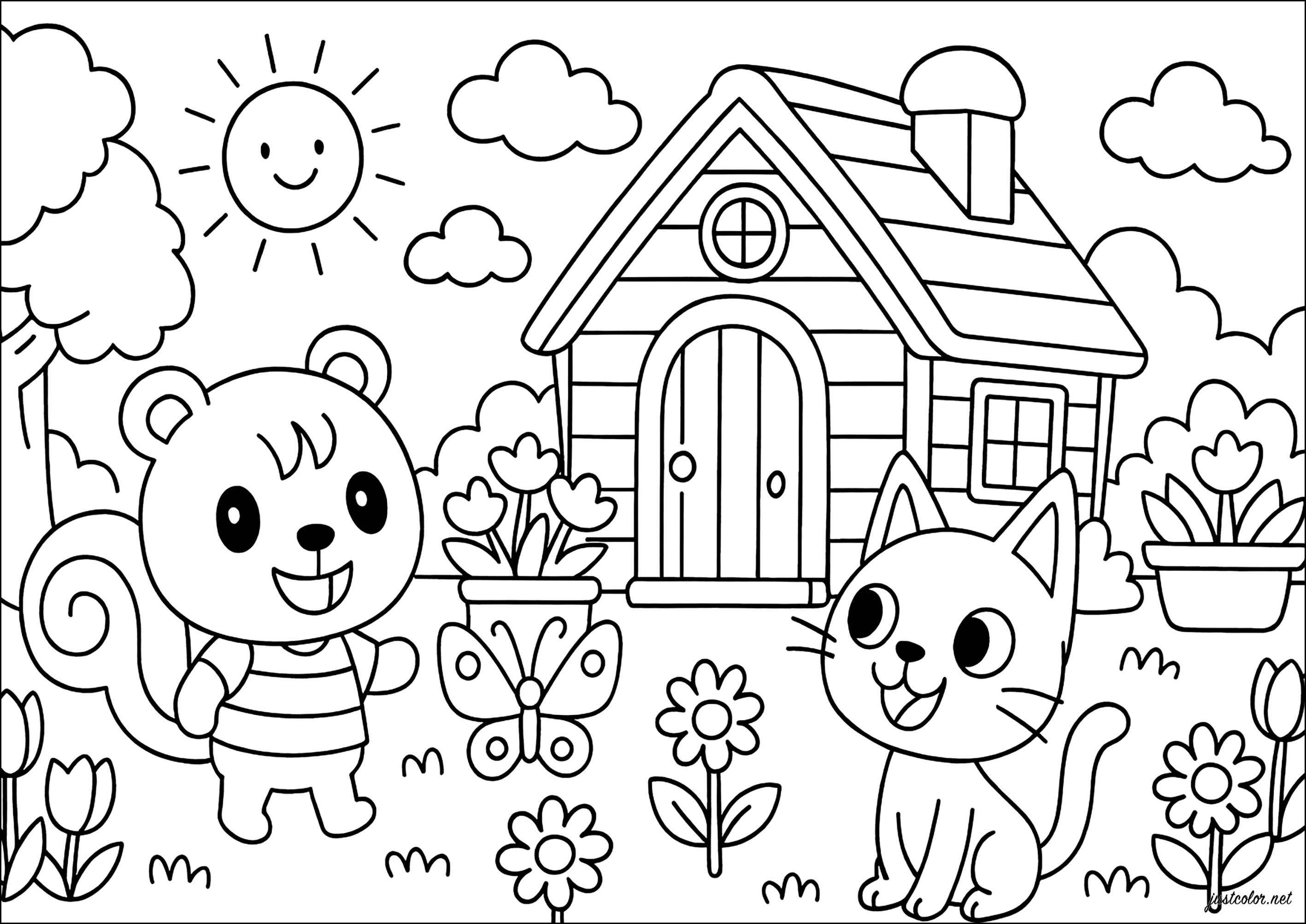 Amistad alegre en un jardín soleado (Página de Animal Crossing para imprimir para niños)