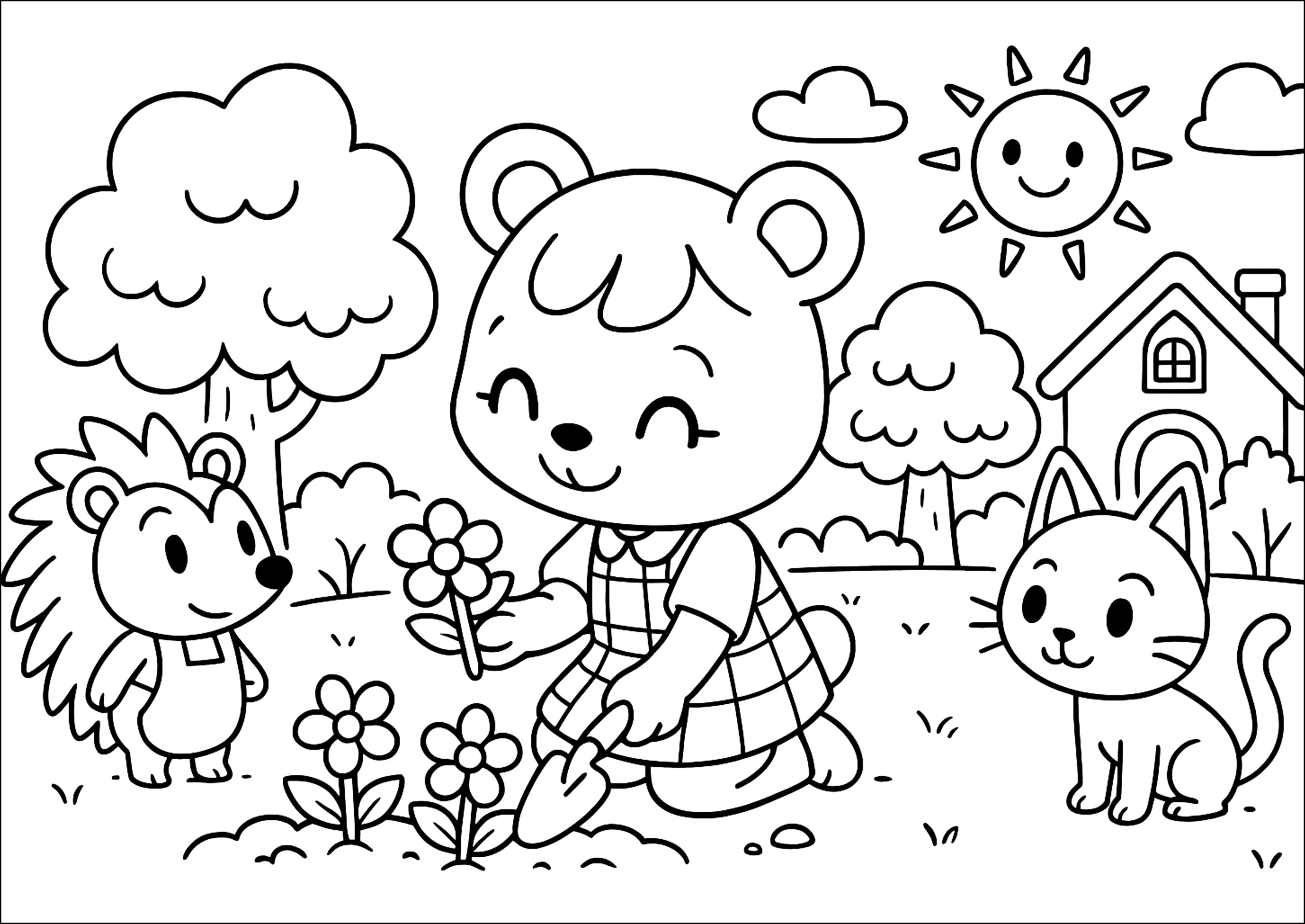 Ariel y sus amigos en el jardín (Página de Animal Crossing para imprimir para niños)
