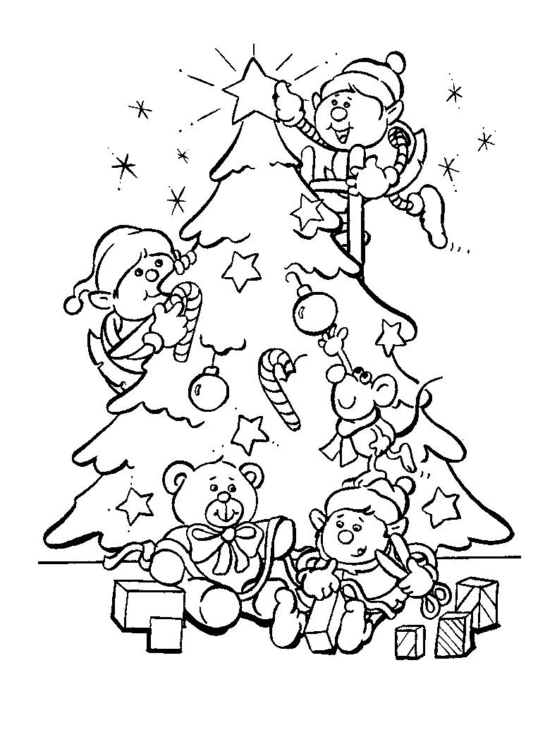 Los elfos de Papá Noel con un árbol para colorear