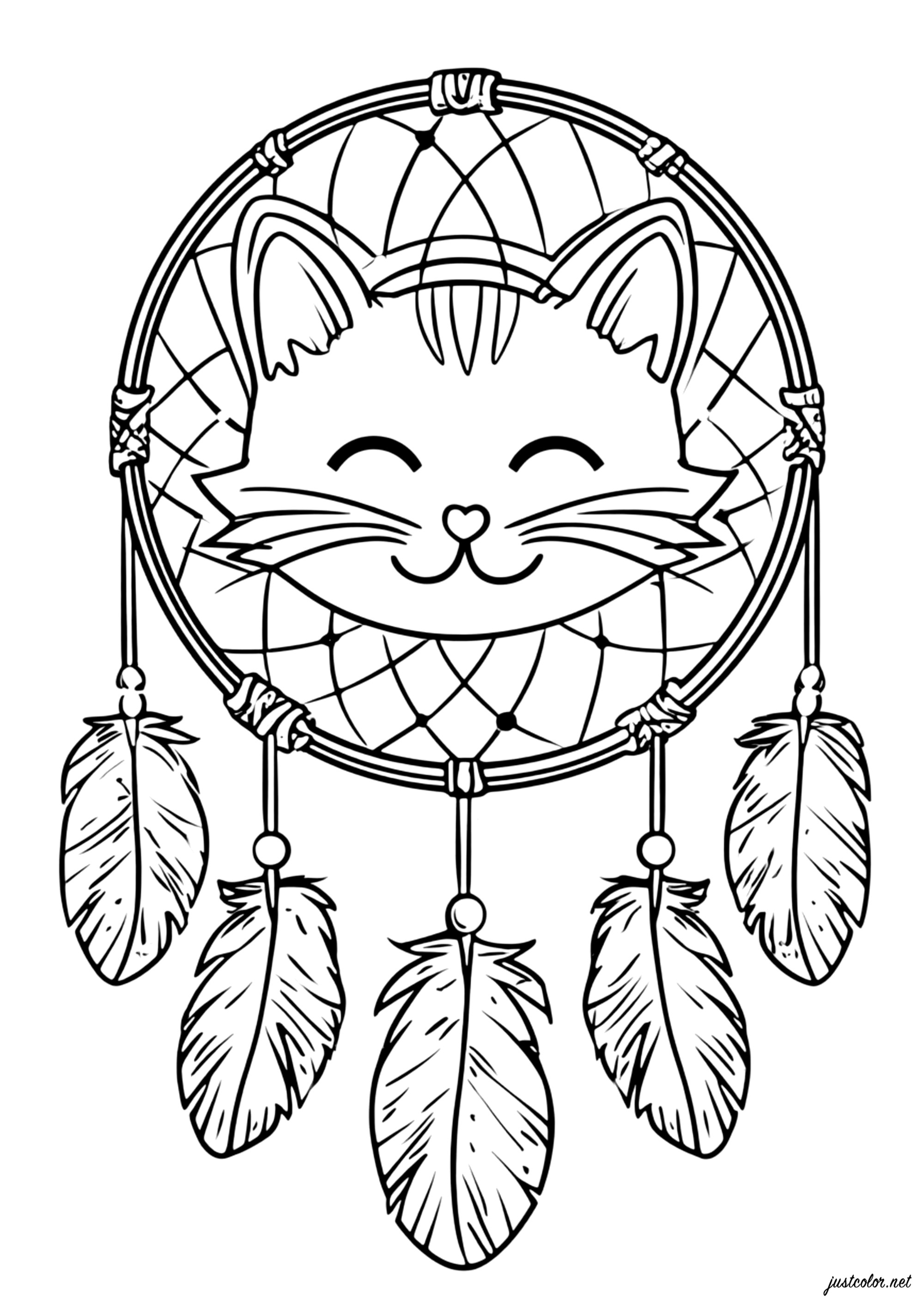 Encanto felino en un Atrapasueños (Página de Atrapa sueños (Dreamcatchers) para imprimir para niños)