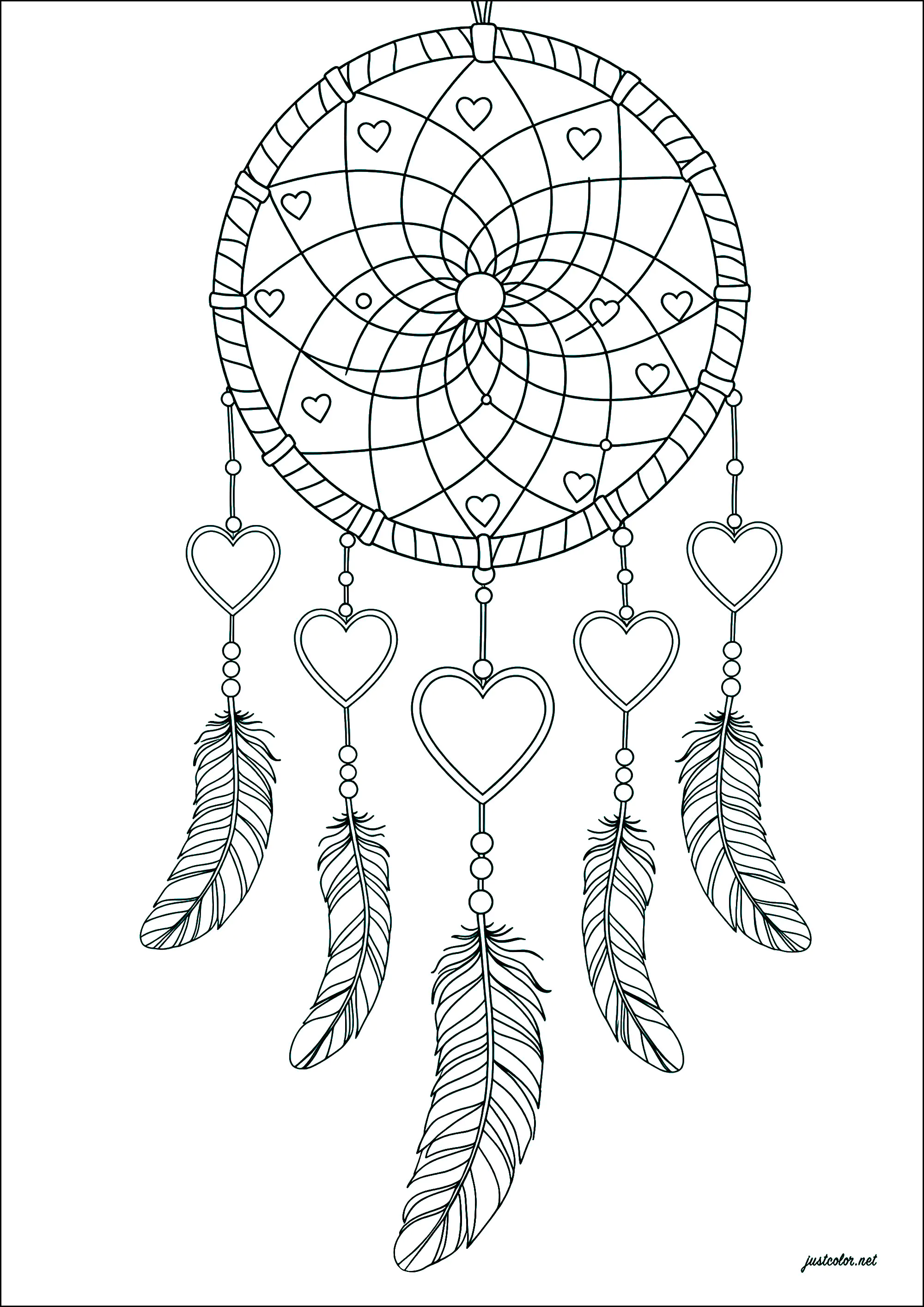 Bonito atrapasueños con corazones (Página de Atrapa sueños (Dreamcatchers) para imprimir para niños)