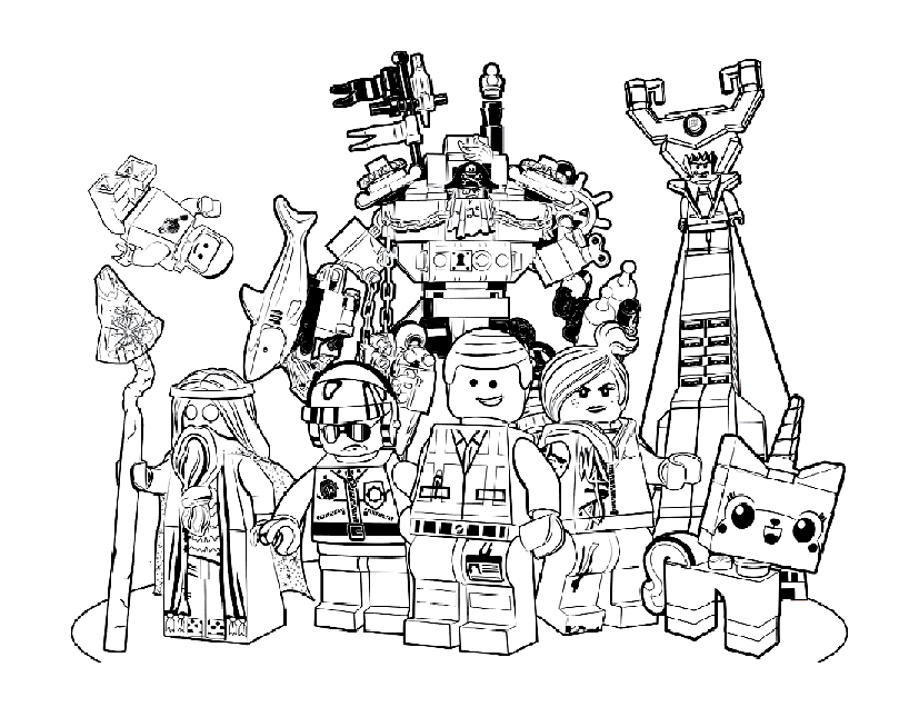 El equipo Lego al completo: Emmet, Benny, Unikitty, Lord business, Wildstyle...