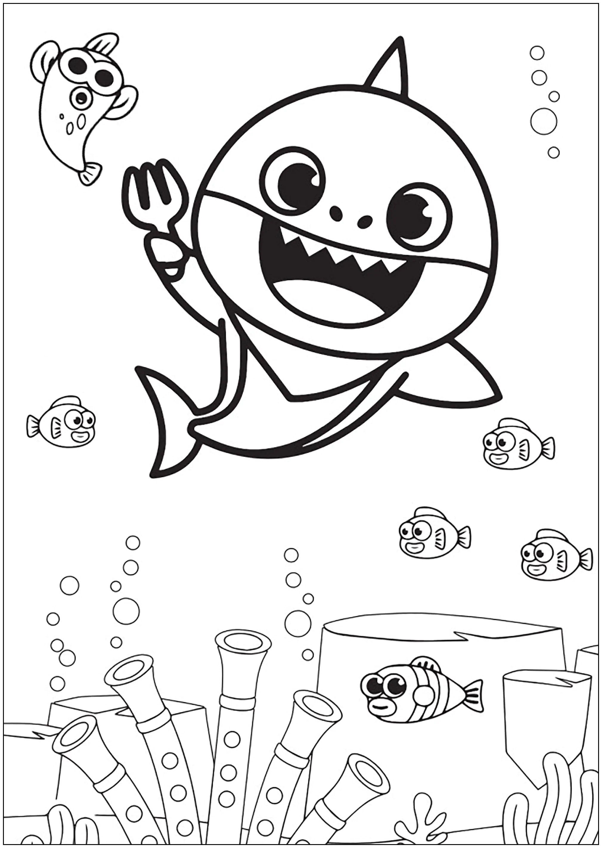 Bebé tiburón con peces de fondo y coral (Página de Baby Shark para imprimir para niños)