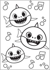 Baby Shark: tres tiburones nadan al ritmo de la música (Página para imprimir)
