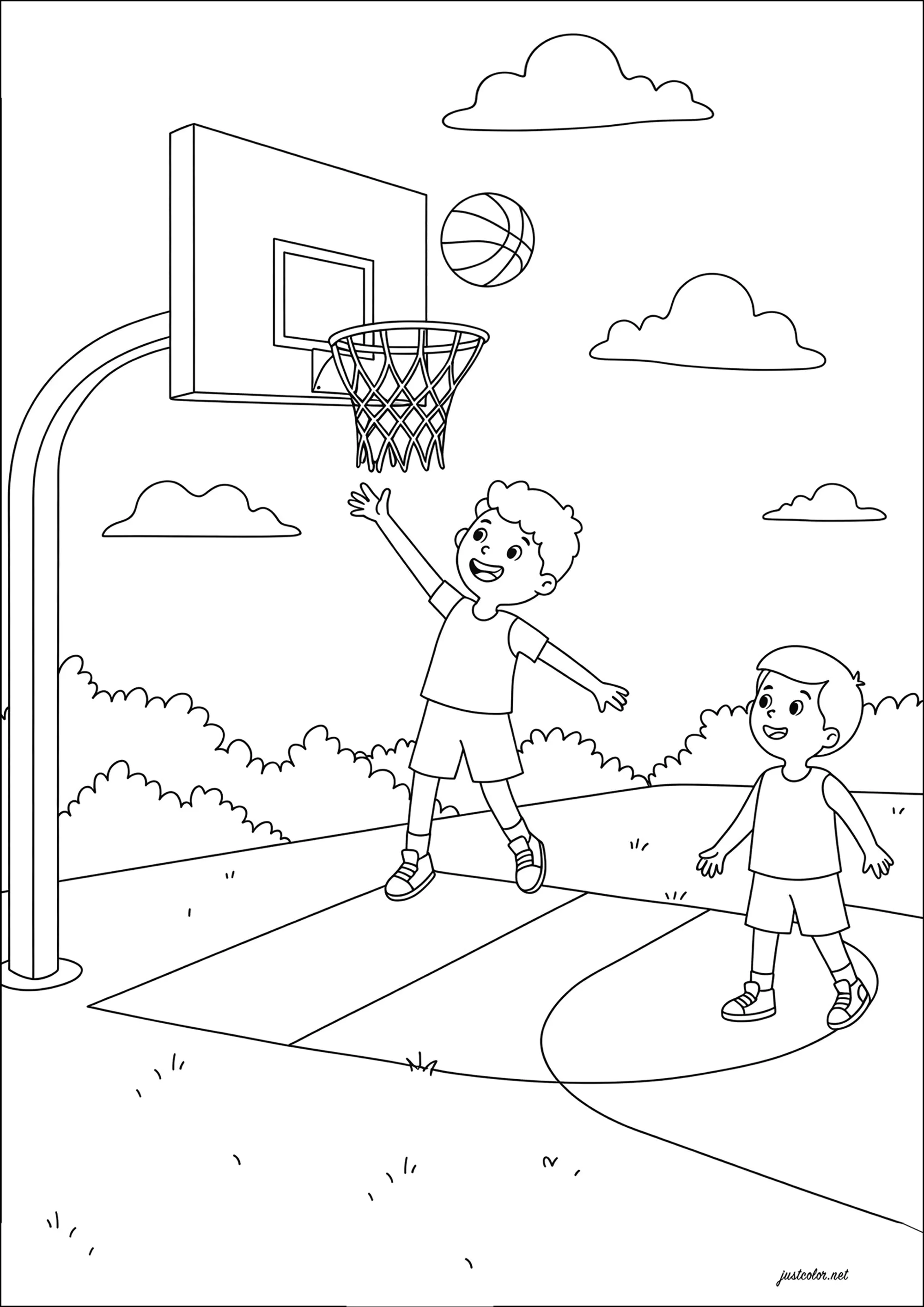 Dos niños jugando al baloncesto (Página de Baloncesto (Basketball) para imprimir para niños)