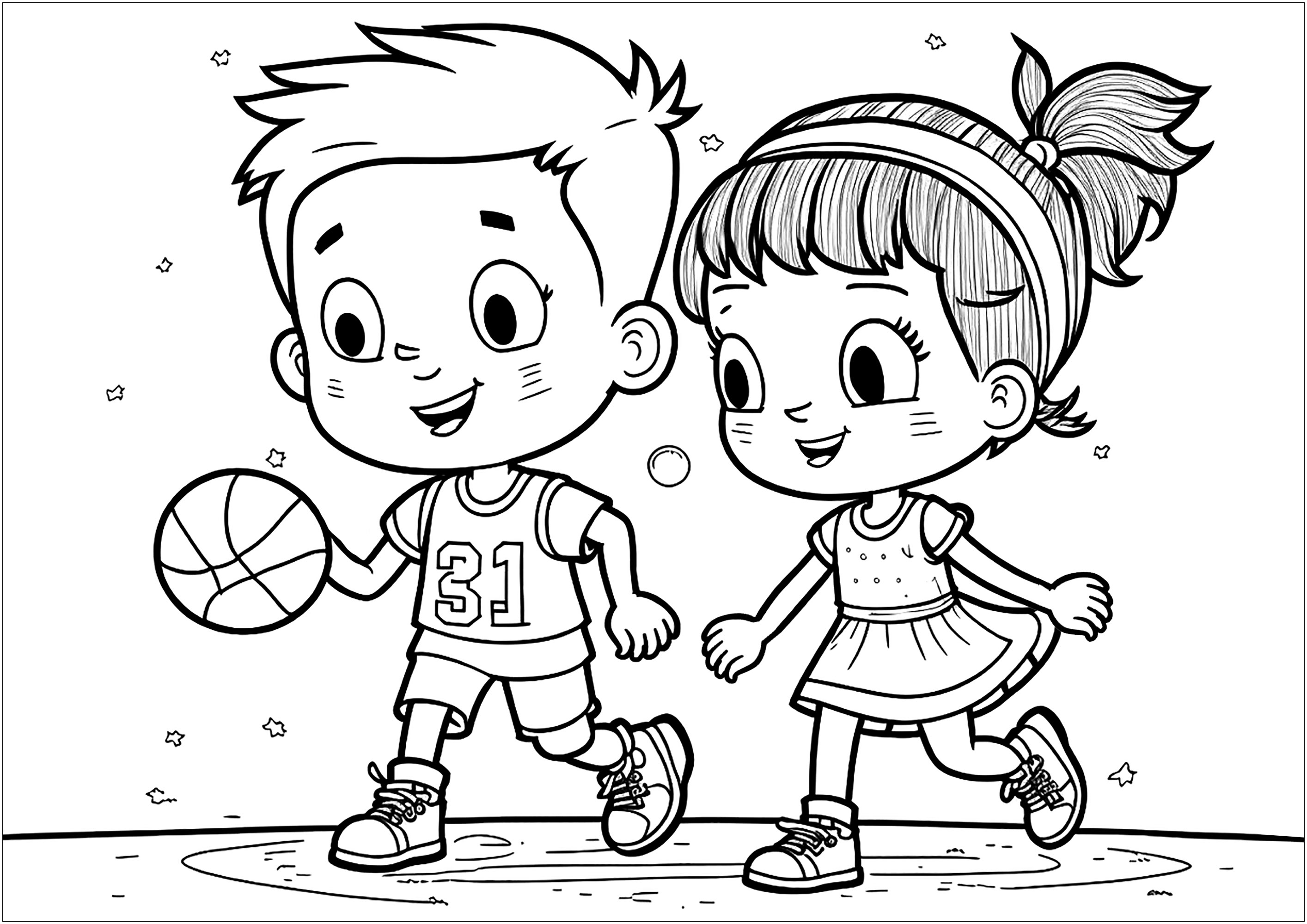 Un niño y una niña juegan juntos al Baloncesto. Los dos niños sonríen y visten ropa deportiva que hay que colorear