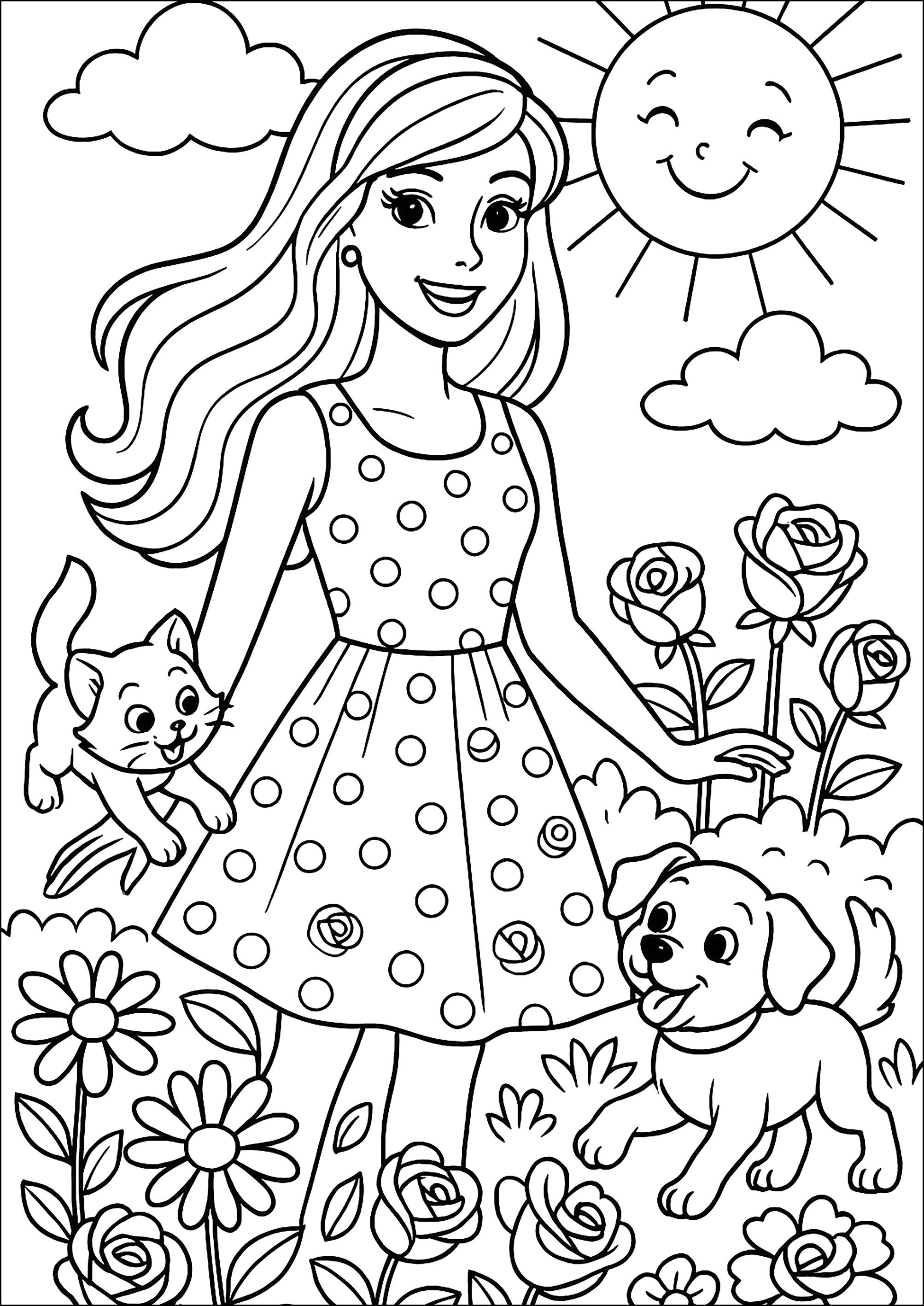 Día soleado para Barbie y sus animales (Página para imprimir para niños)