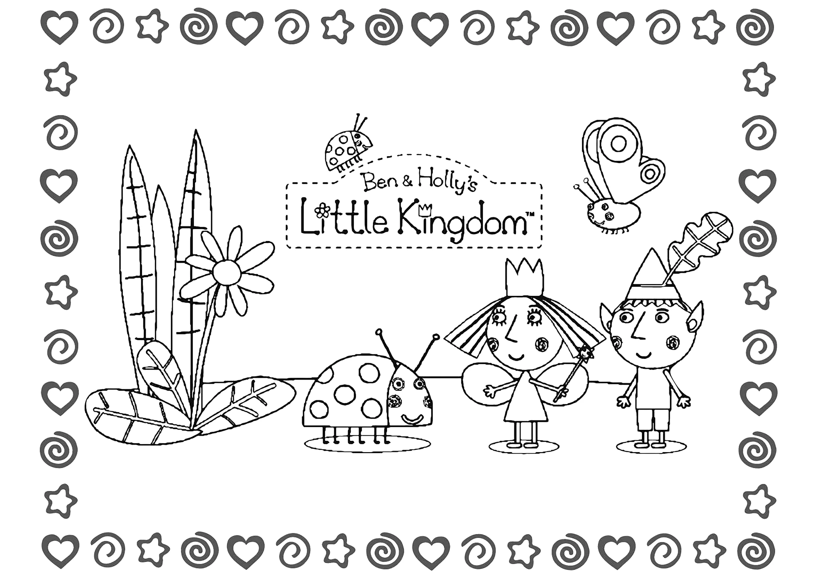 Personajes e insectos con un bonito marco (Página de El pequeño reino de Ben y Holly para imprimir para niños)