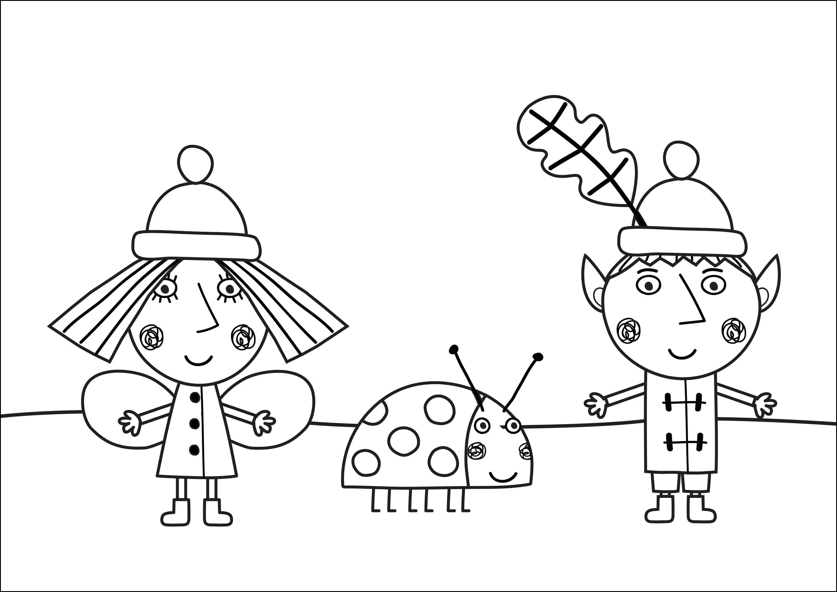 Ben y Holly con su amiga la mariquita (Página de El pequeño reino de Ben y Holly para imprimir para niños)