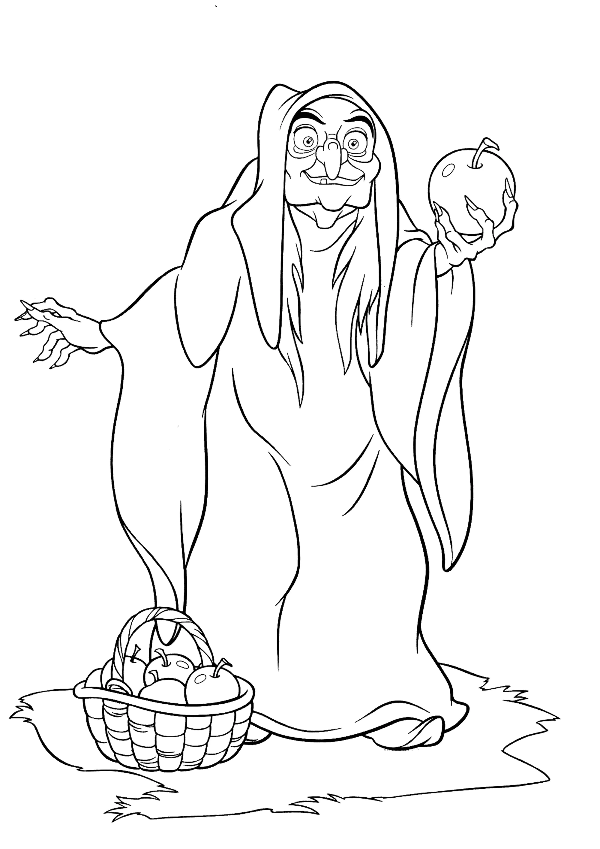 La bruja de Blanca nieve y sus manzanas (Página para imprimir para niños)