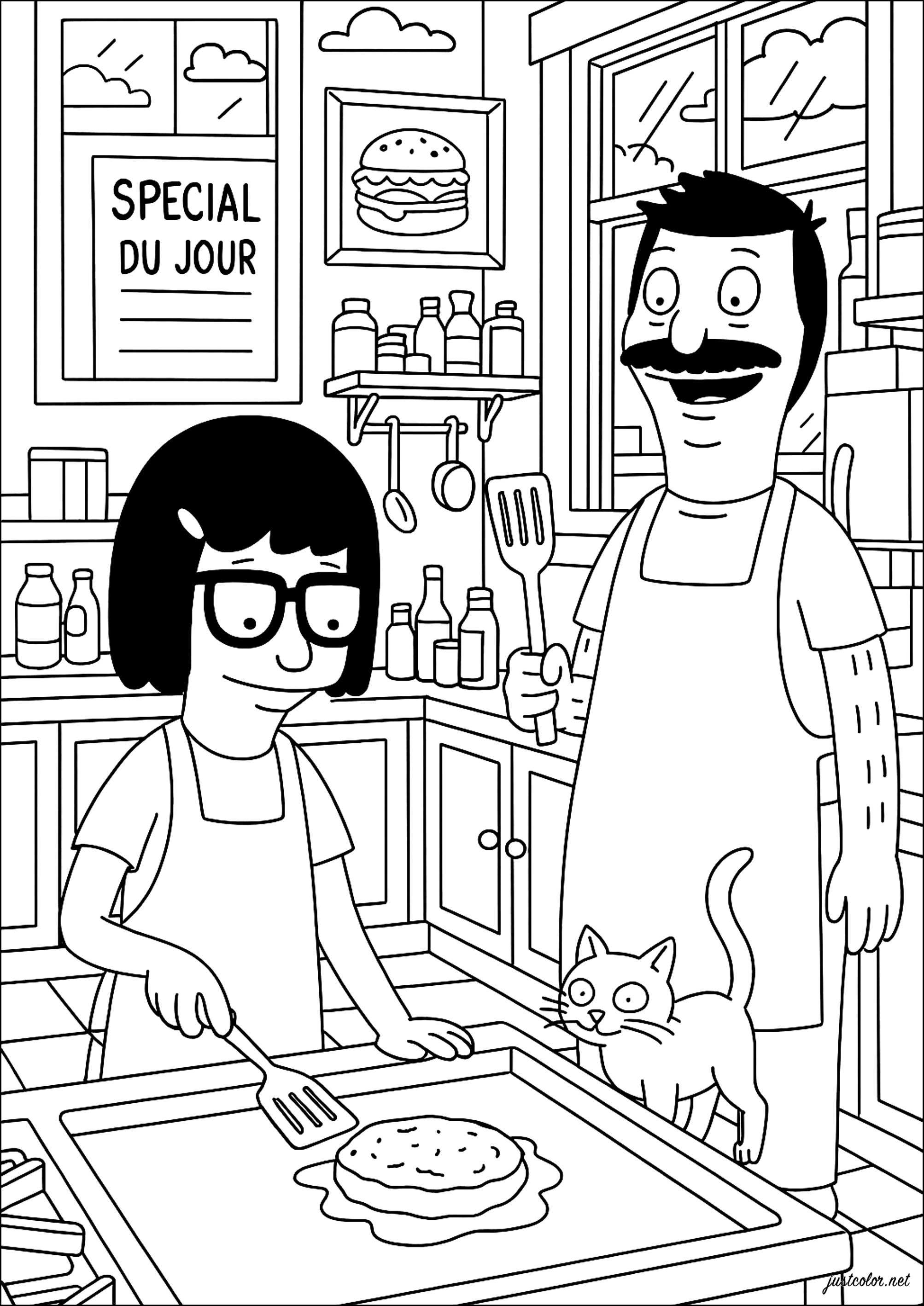 Preparación de una hamburguesa (Página de Bobs Burgers para imprimir para niños)