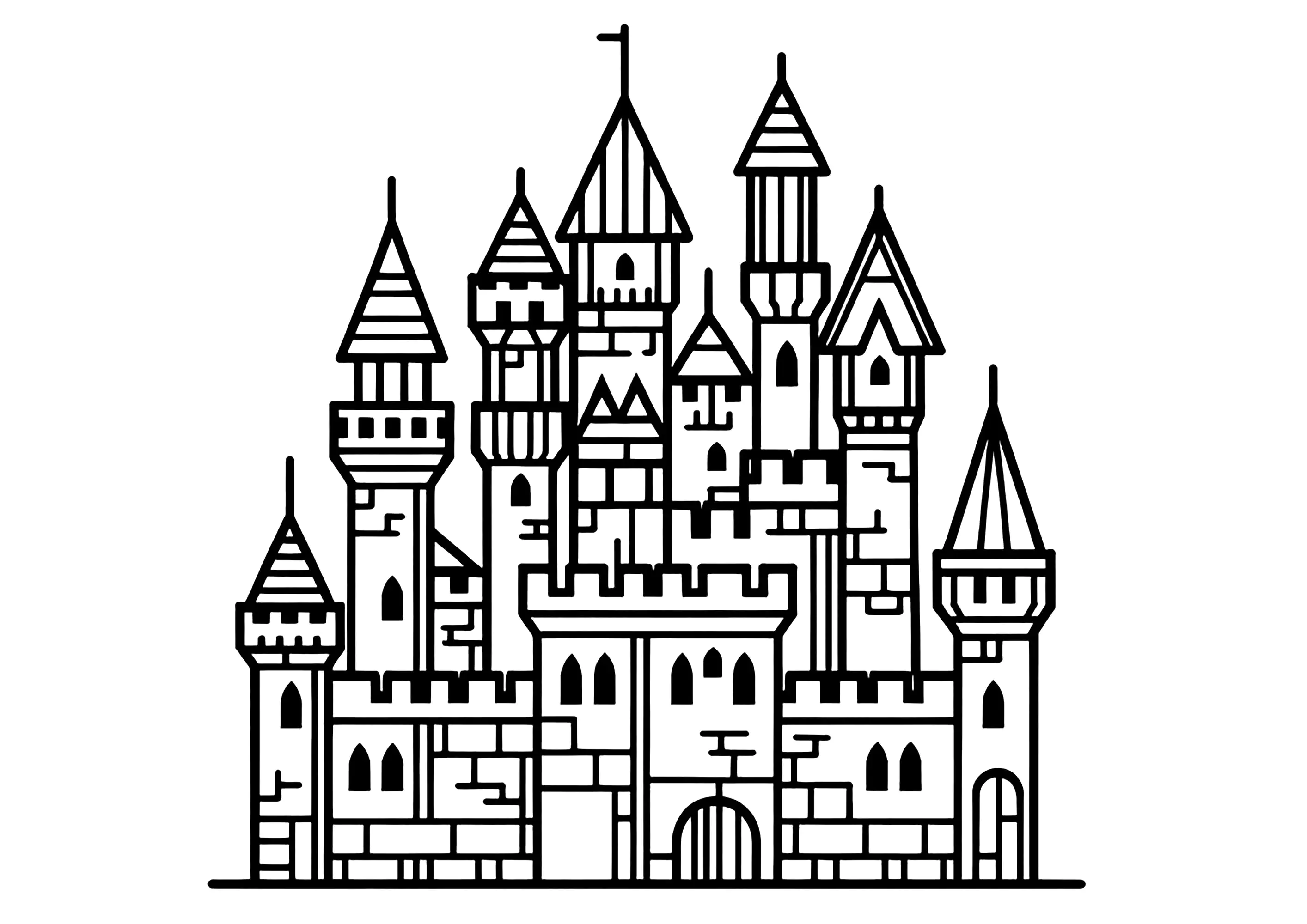 Un imponente castillo dibujado con líneas gruesas (Página de Caballeros y dragones para imprimir para niños)