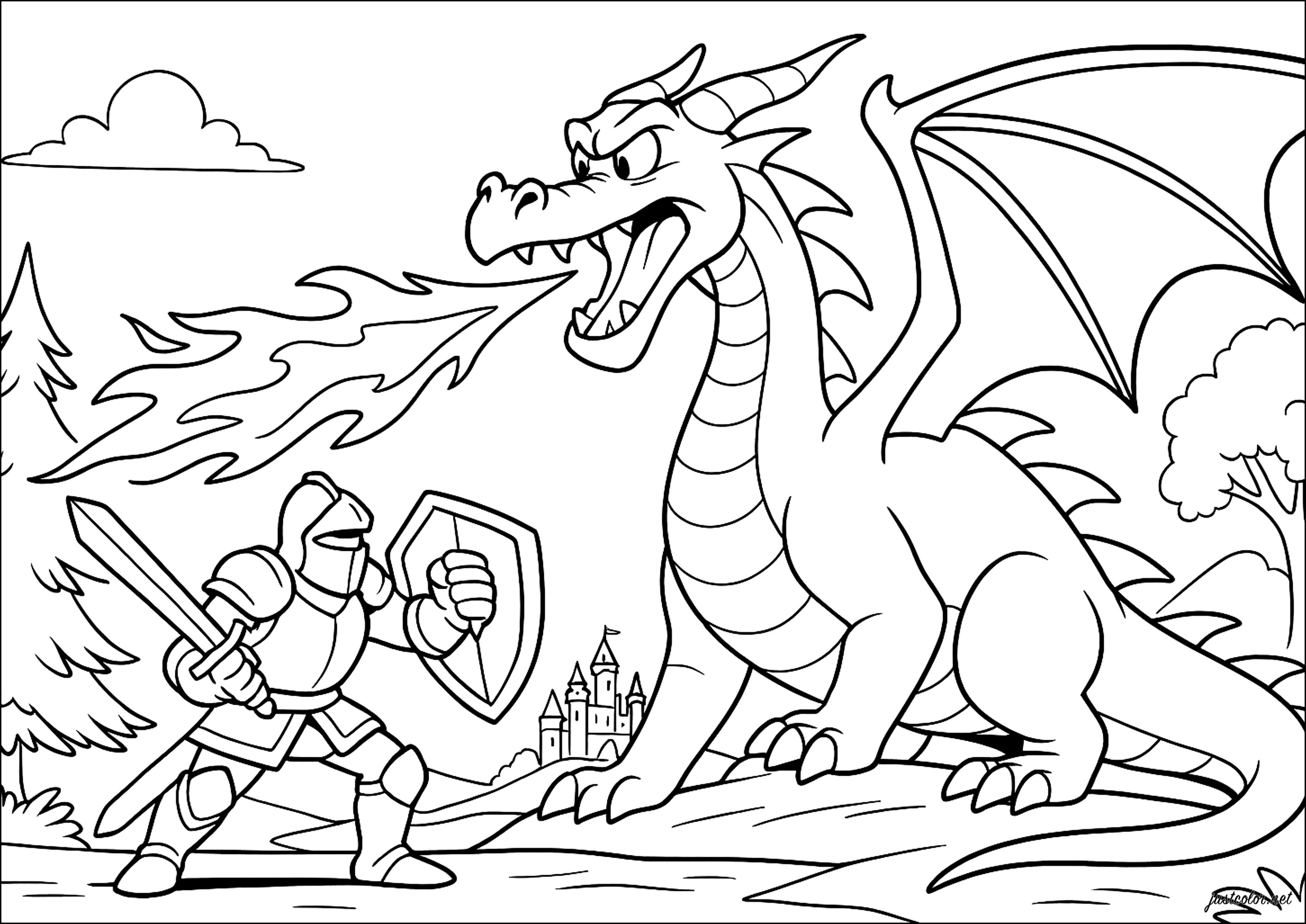 Un valiente caballero se enfrenta a un dragón (Página de Caballeros y dragones para imprimir para niños)
