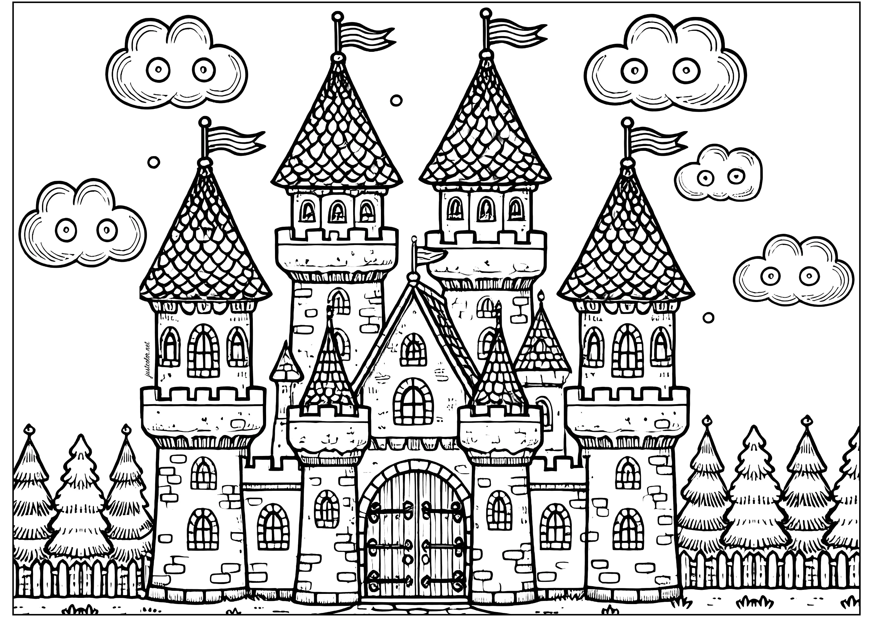 Precioso castillo de cuento de hadas con numerosas torres (Página de Caballeros y dragones para imprimir para niños)