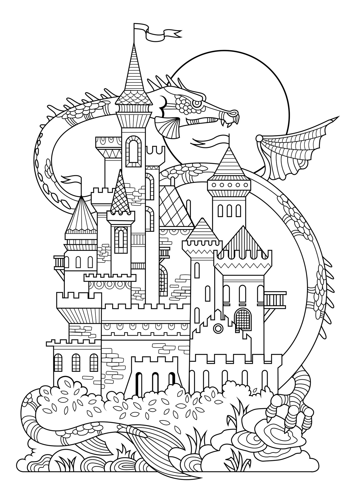 Una magnífica página para colorear muy regular que representa un hermoso castillo, con un dragón gigante detrás.