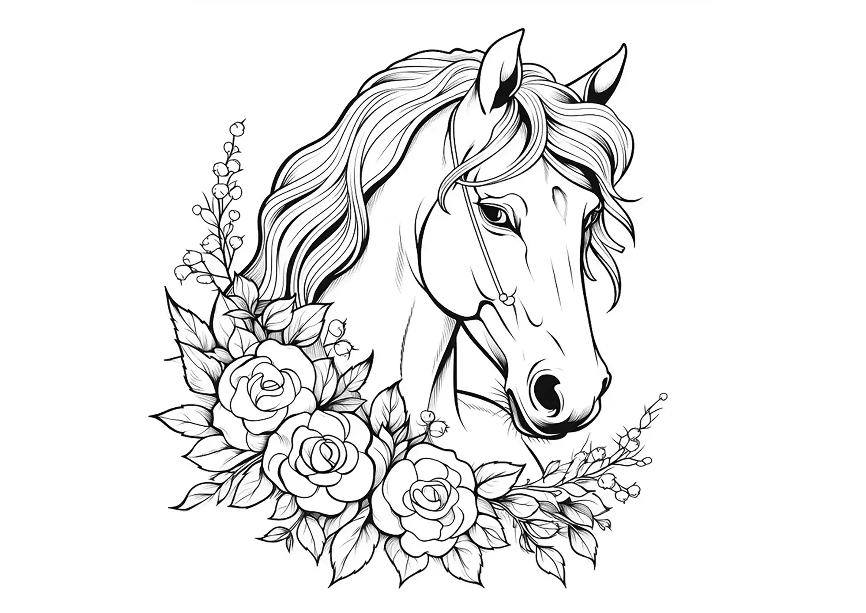 Bonito caballo rodeado de flores (Página para imprimir para niños)