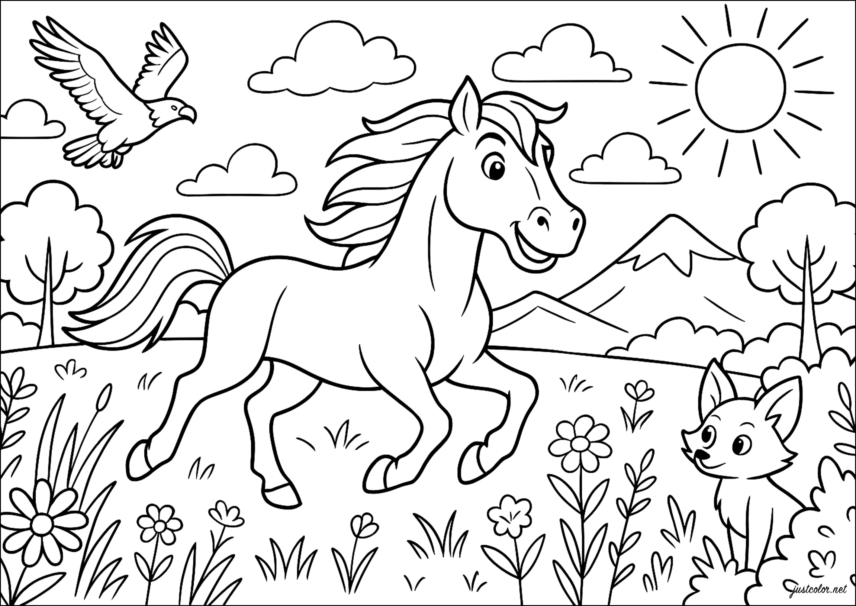 Encuentro alegre en la pradera (Página de Caballos para imprimir para niños)