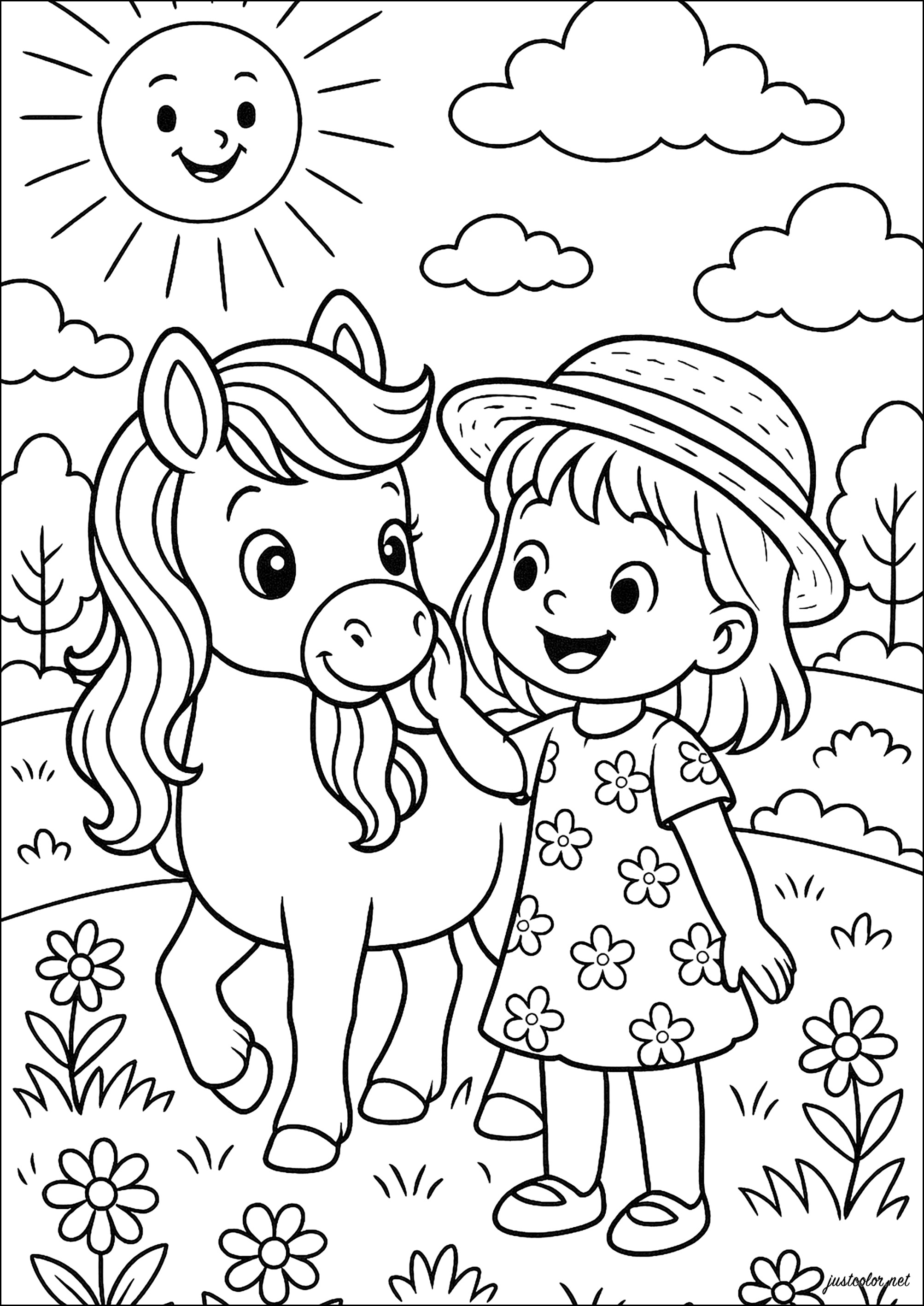 Una dulce complicidad en el prado (Página de Caballos para imprimir para niños)