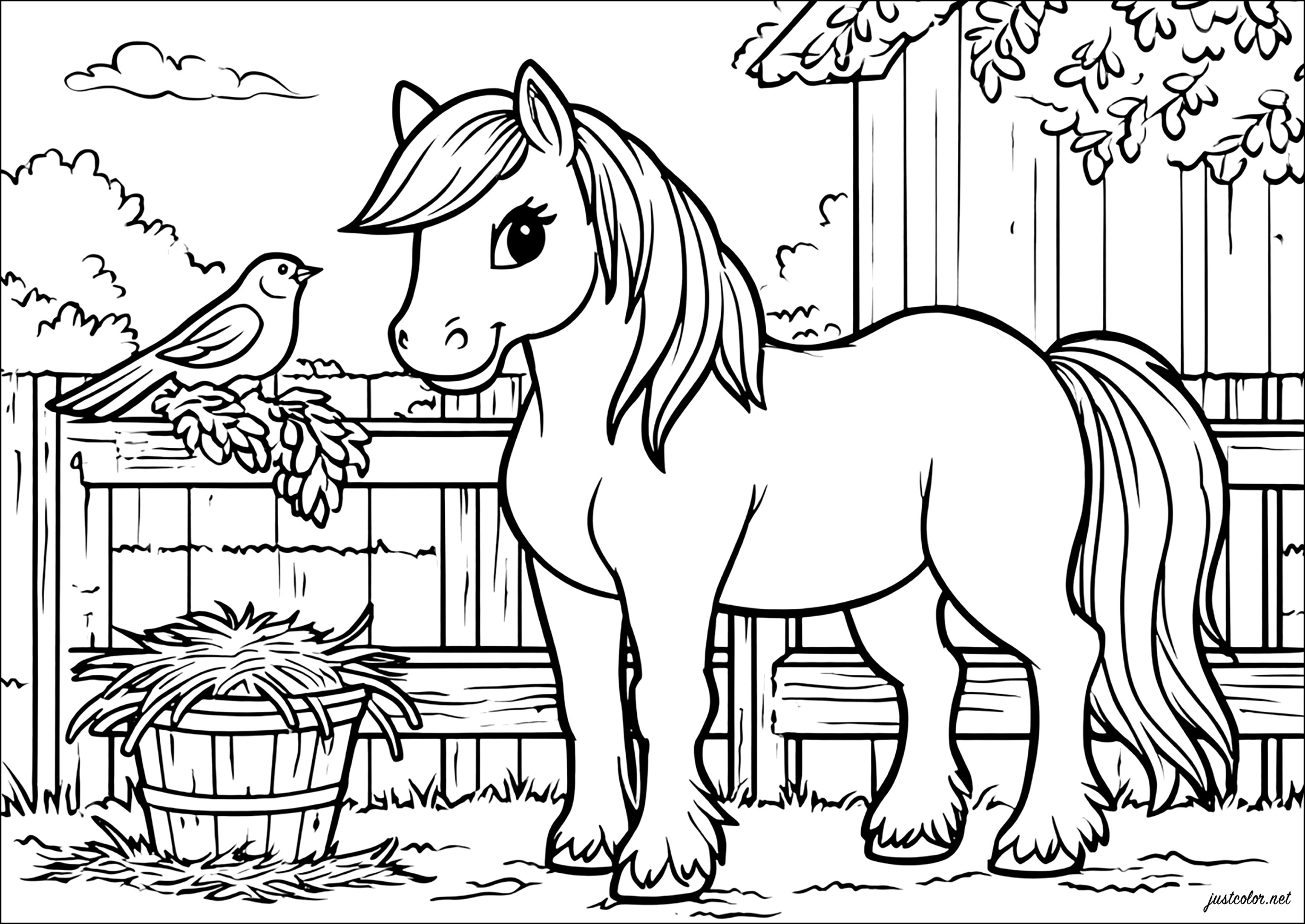 Pony y pajarito (Página de Caballos para imprimir para niños)