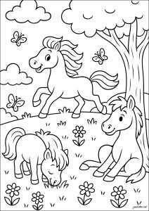 Tres amigos en el prado (Página de Caballos  para imprimir)