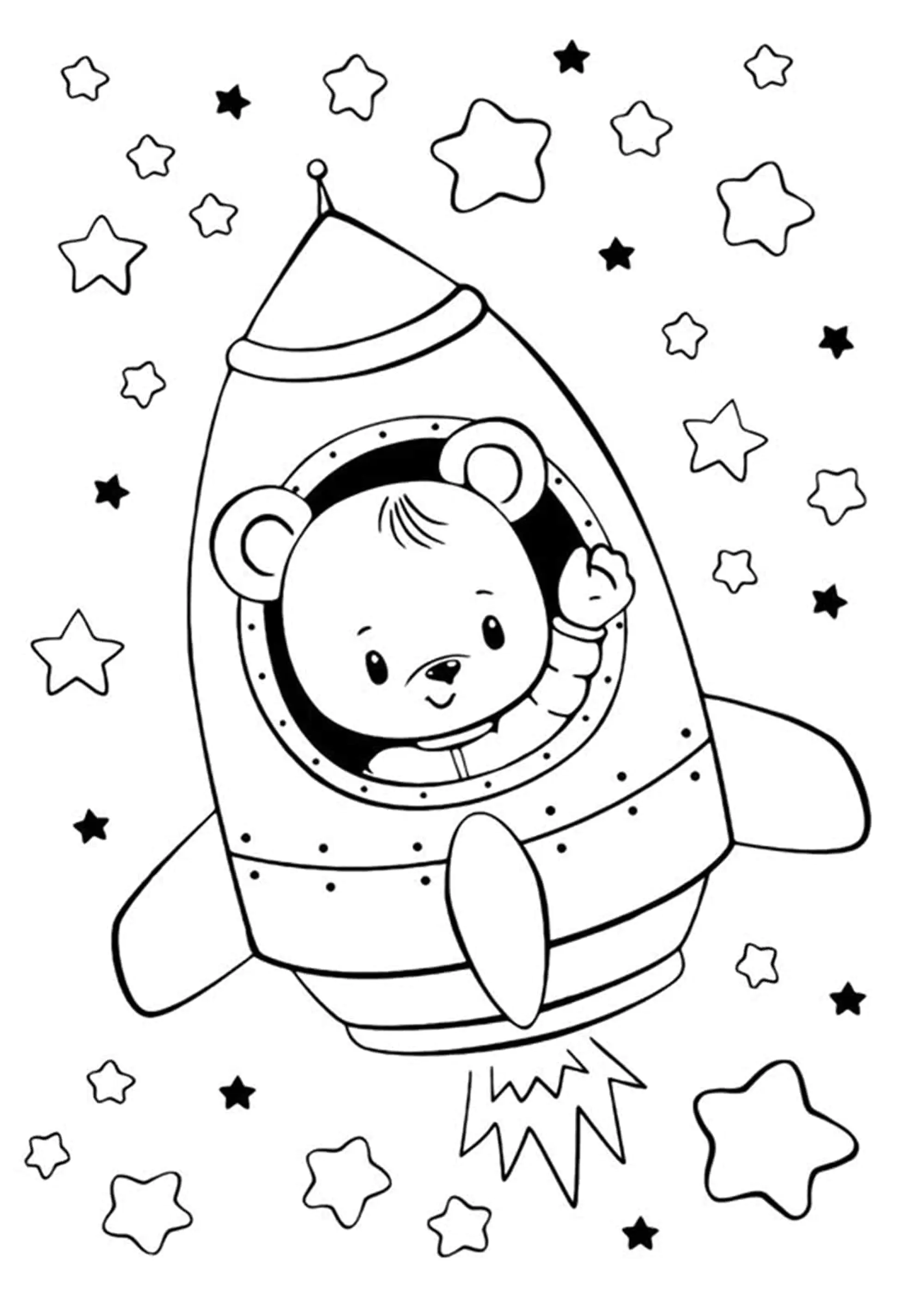 Un osito en un cohete, listo para explorar el espacio (Página de Cachorros para imprimir para niños)