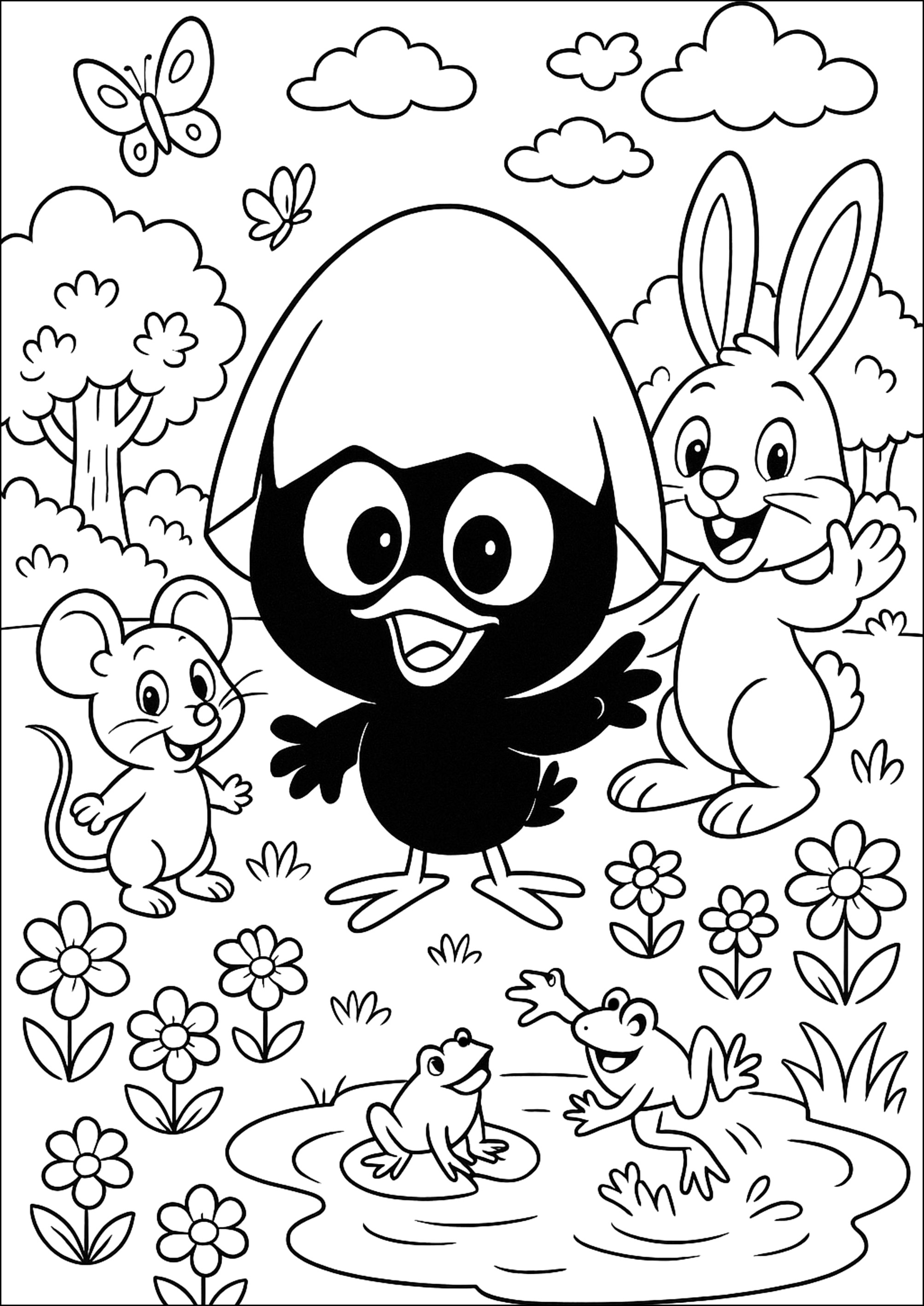 Encuentro amistoso en el claro (Página de Calimero para imprimir para niños)