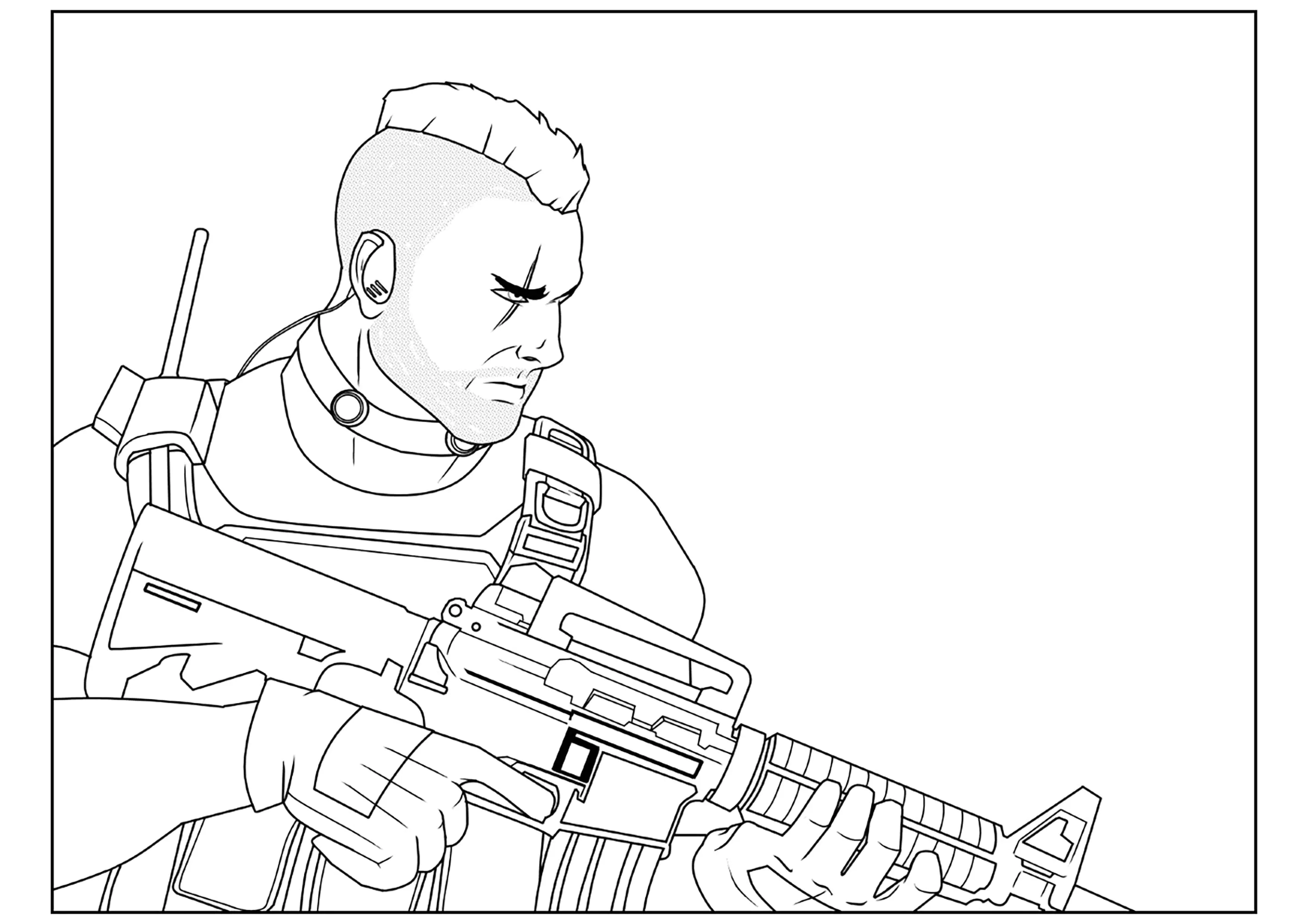 Soldado de perfil con el arma preparada (Página de Call of Duty para imprimir para niños)